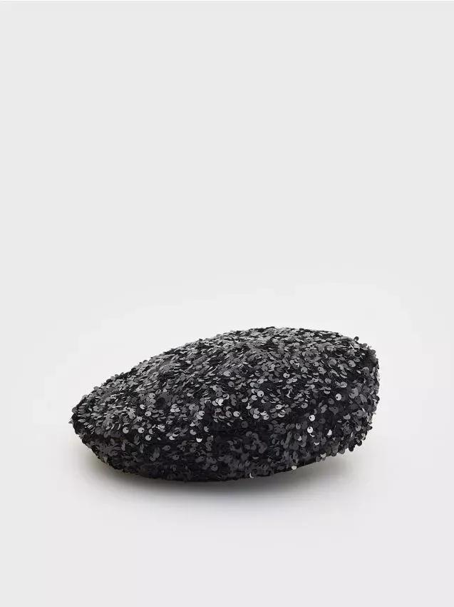 Black Sequined Beret, Black, large image number 0