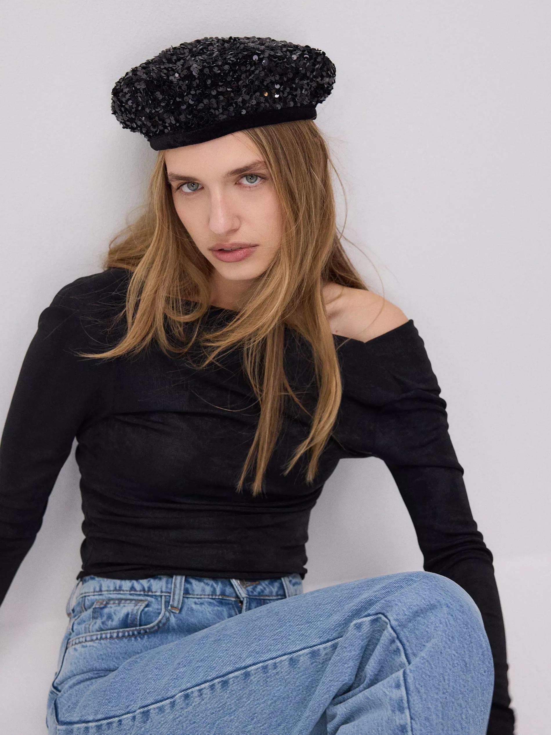 Black Sequined Beret, Black, large image number 1