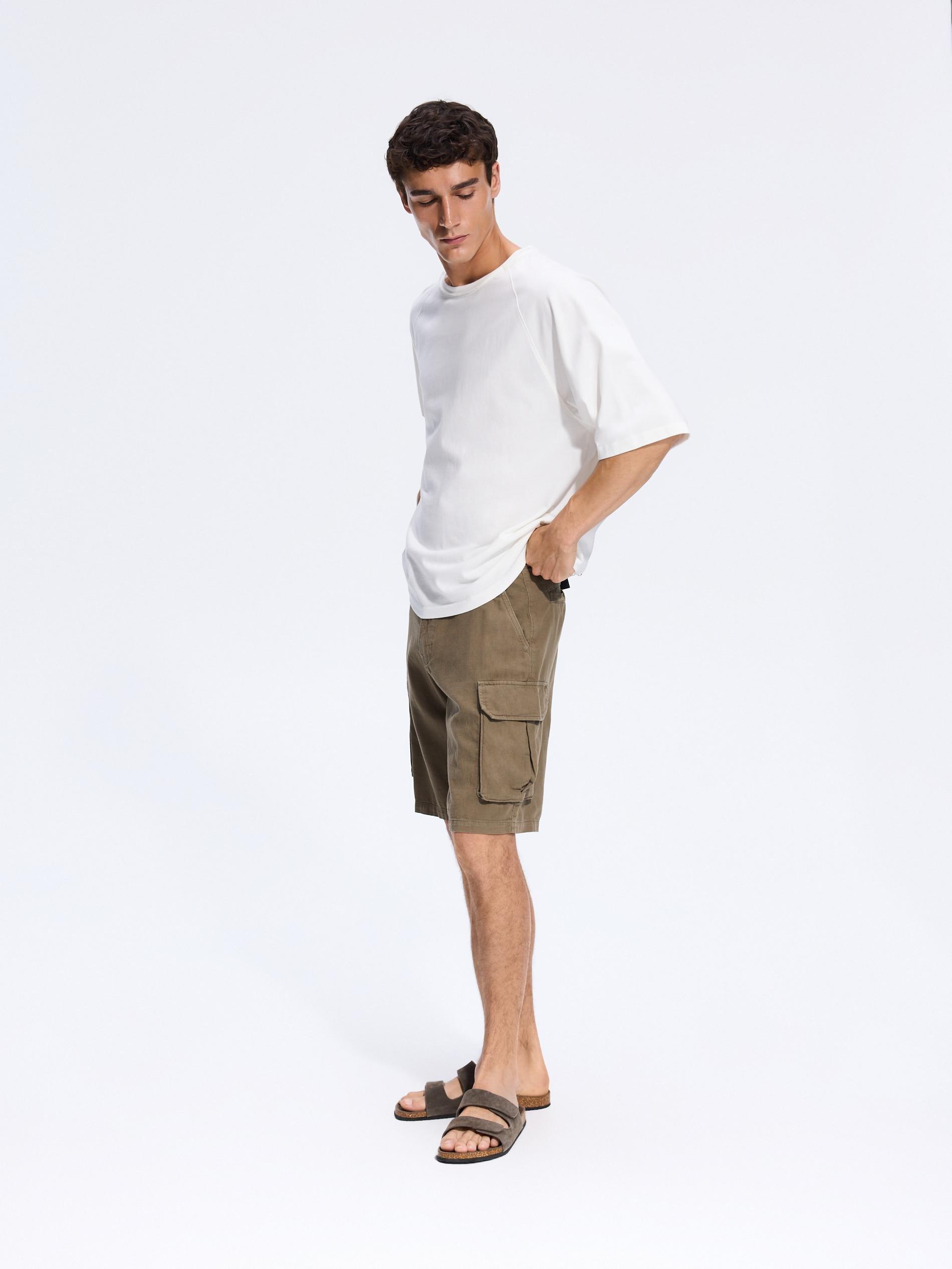 Green Linen Cargo Shorts, Khaki, large image number 0