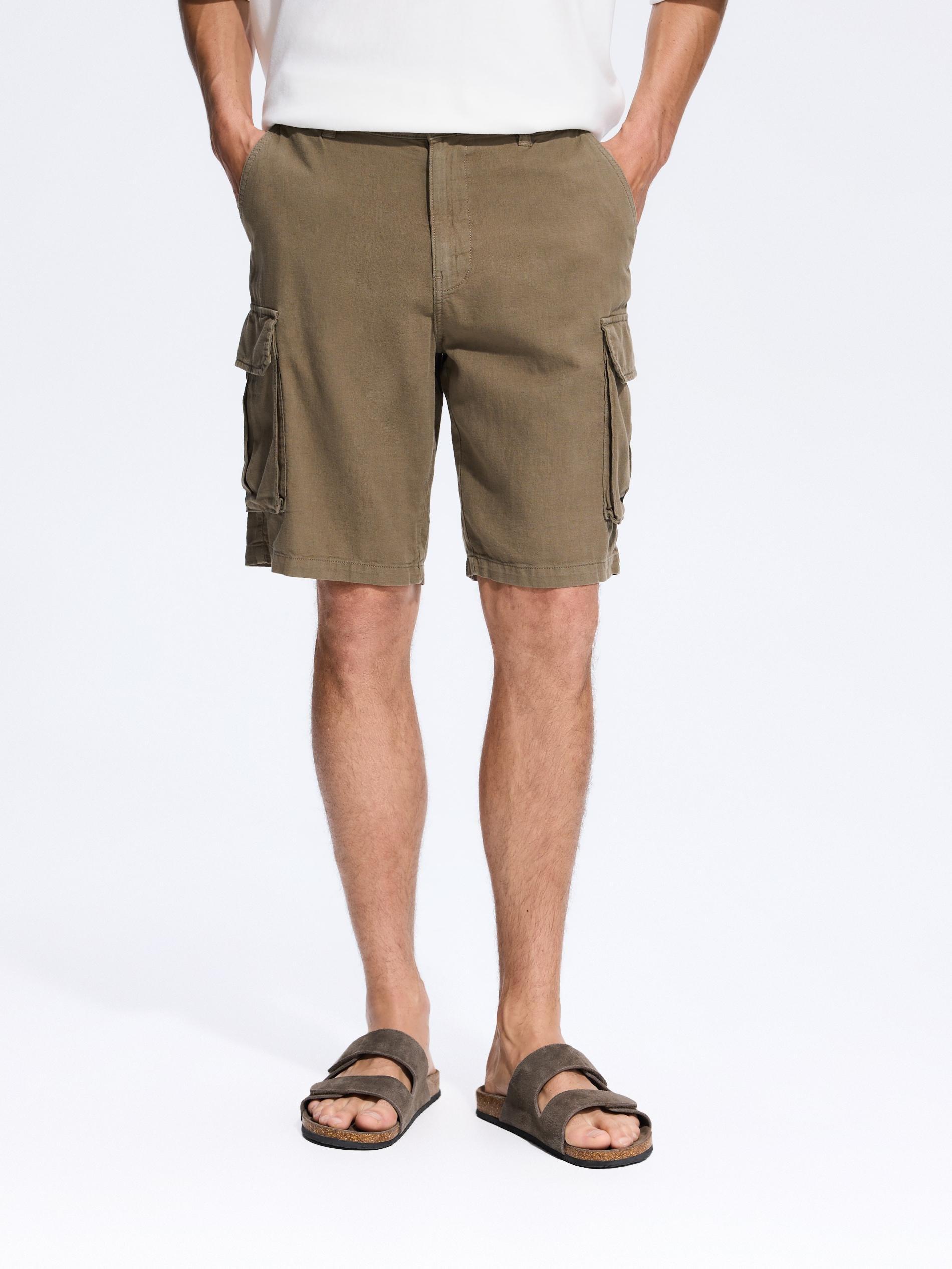 Green Linen Cargo Shorts, Khaki, large image number 1