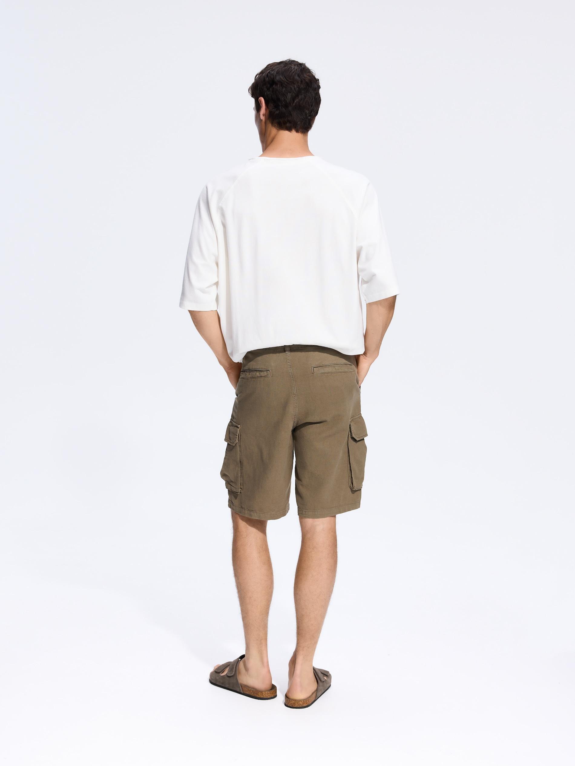 Green Linen Cargo Shorts, Khaki, medium