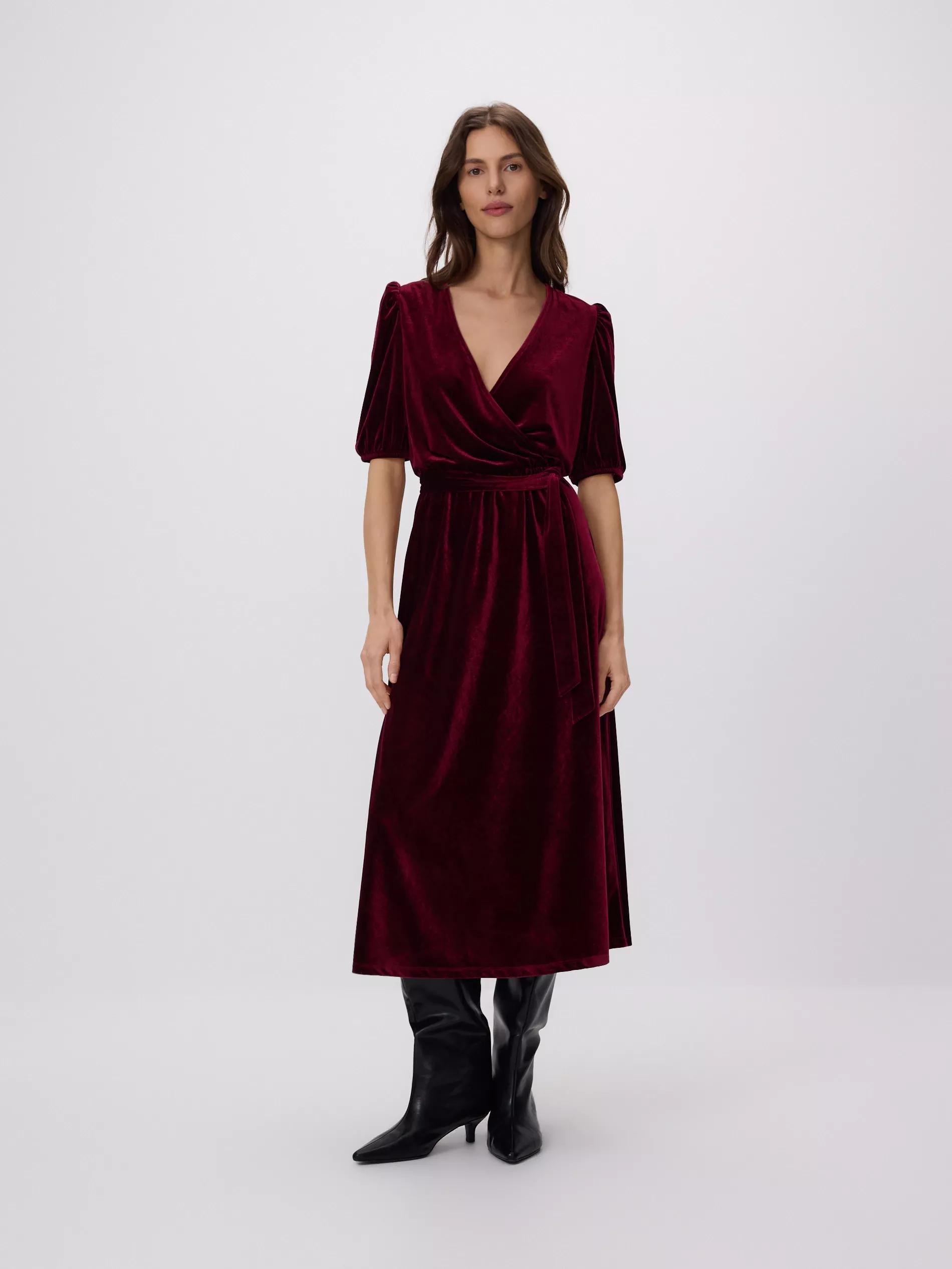 Burgundy Velour Midi Dress, Burgundy, large image number 0