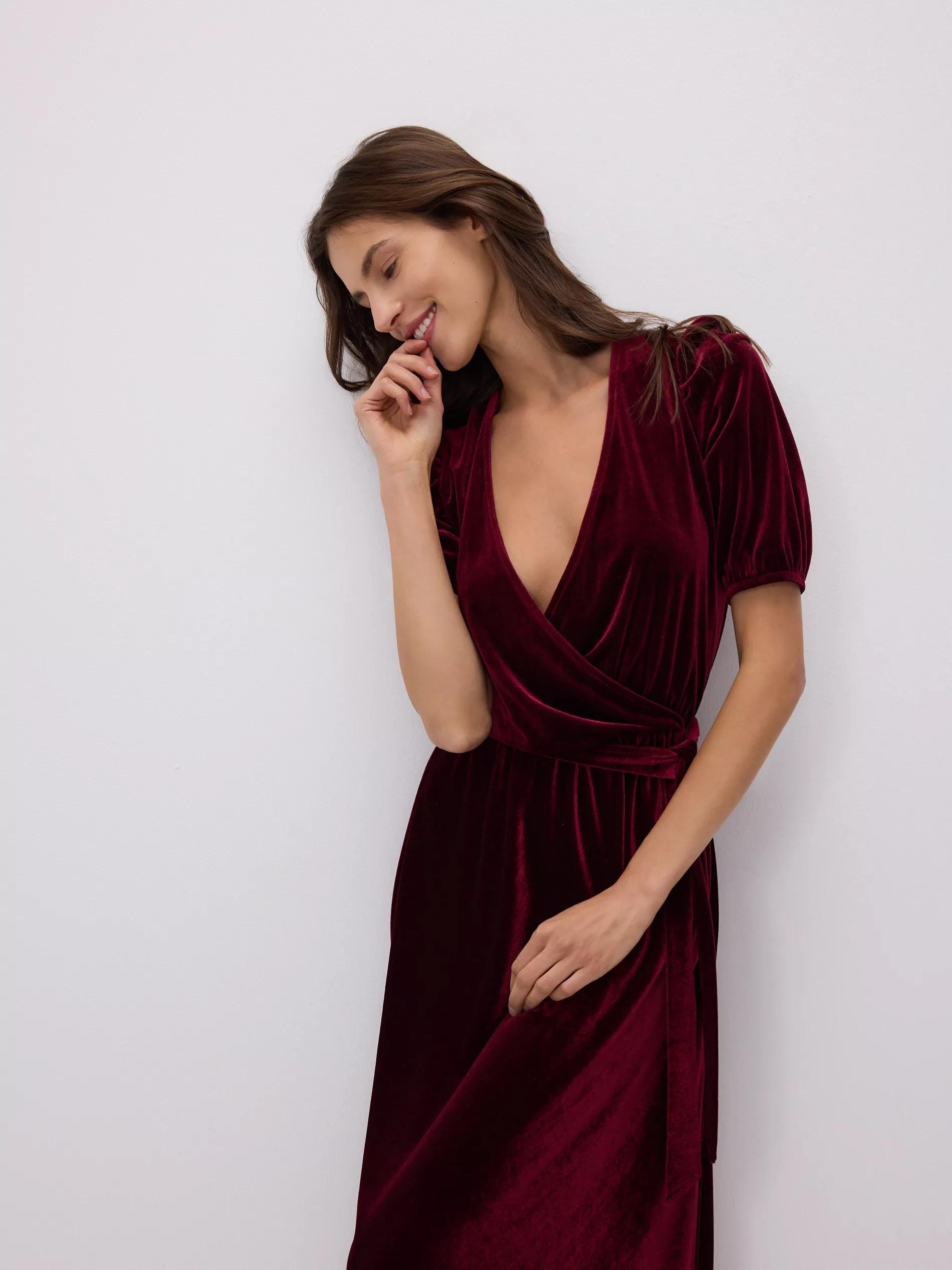 Burgundy Velour Midi Dress, Burgundy, large image number 2