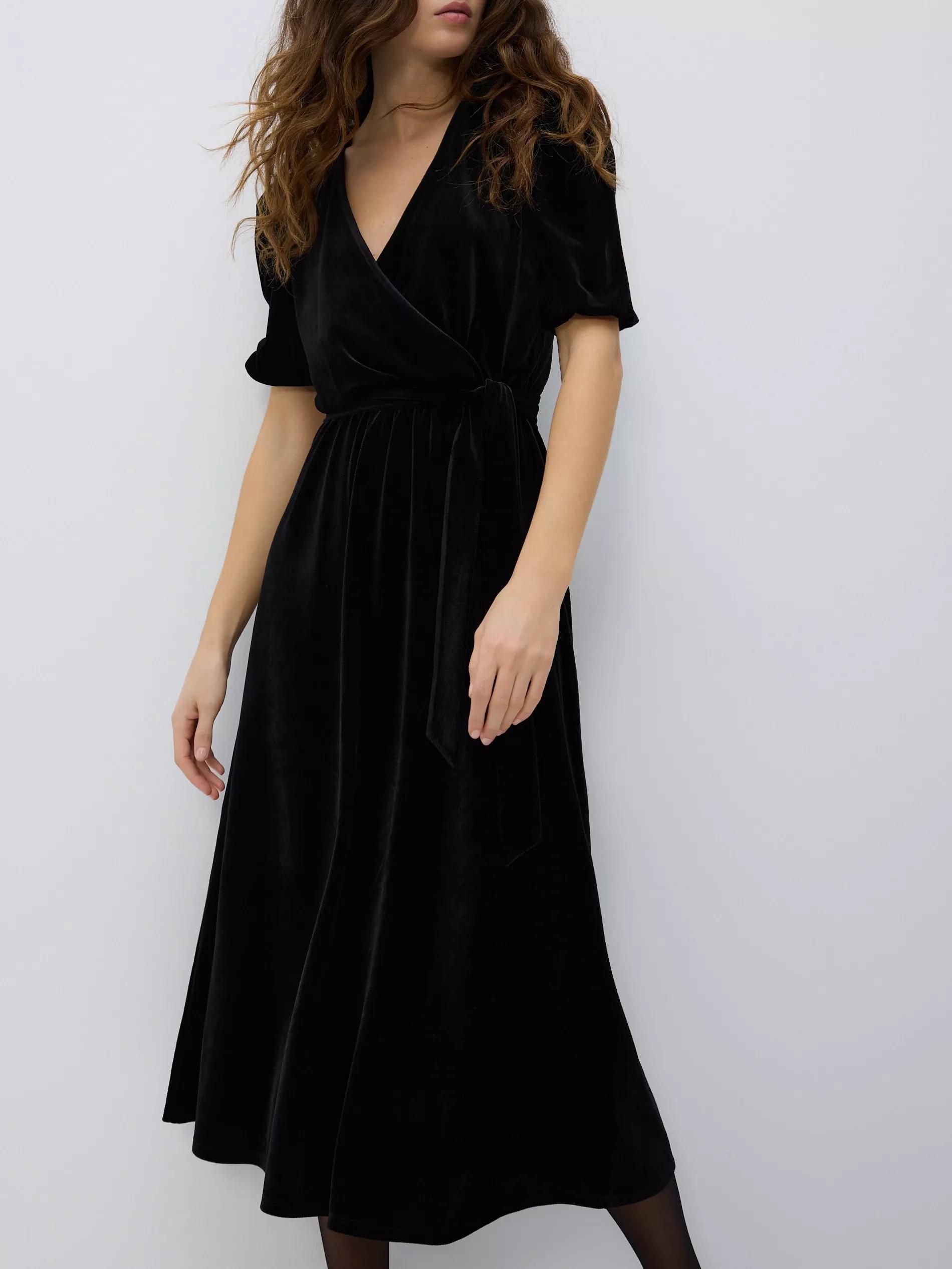 Black Velour Midi Dress, Black, large image number 0