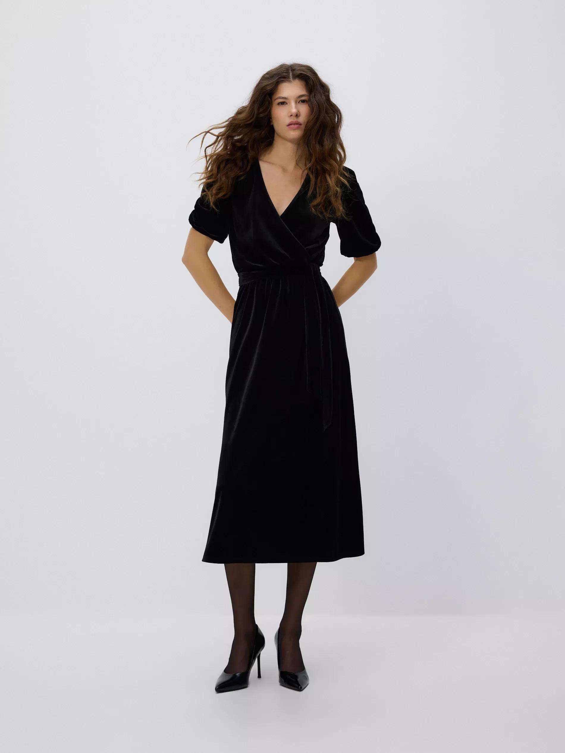 Black Velour Midi Dress, Black, large image number 1