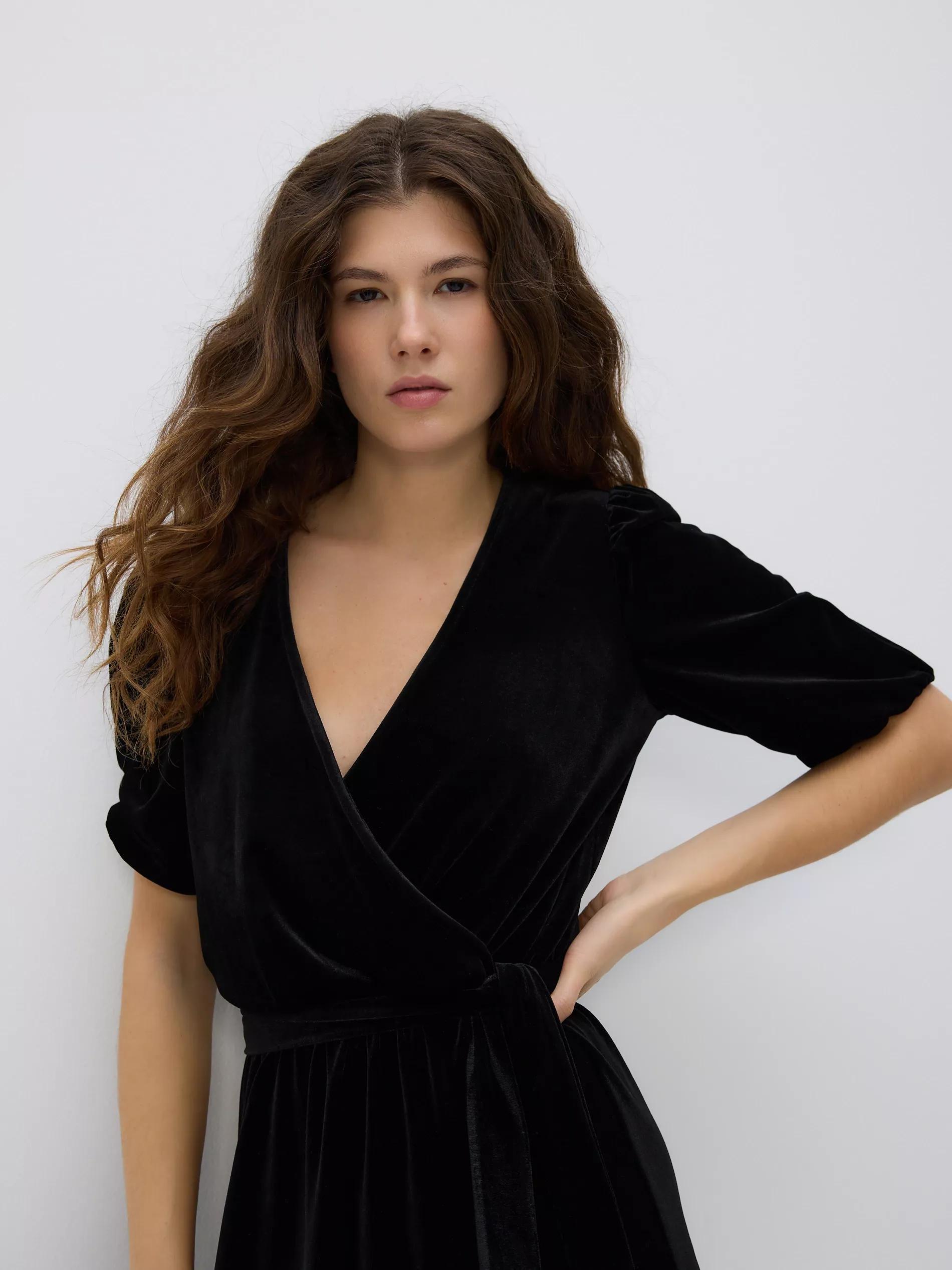 Black Velour Midi Dress, Black, large image number 2