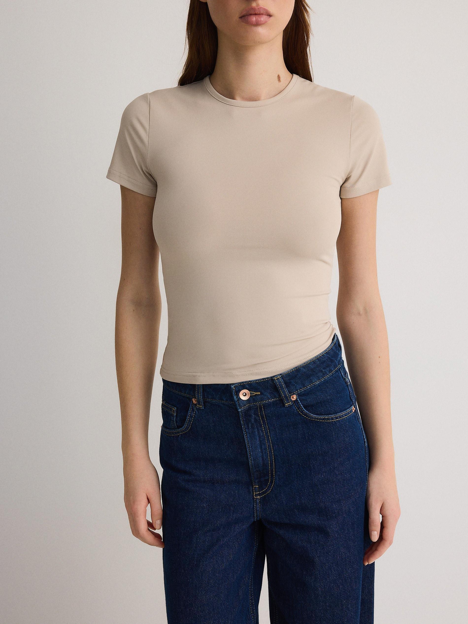 Beige Plain Basic Athleisure T-Shirt, Beige, medium