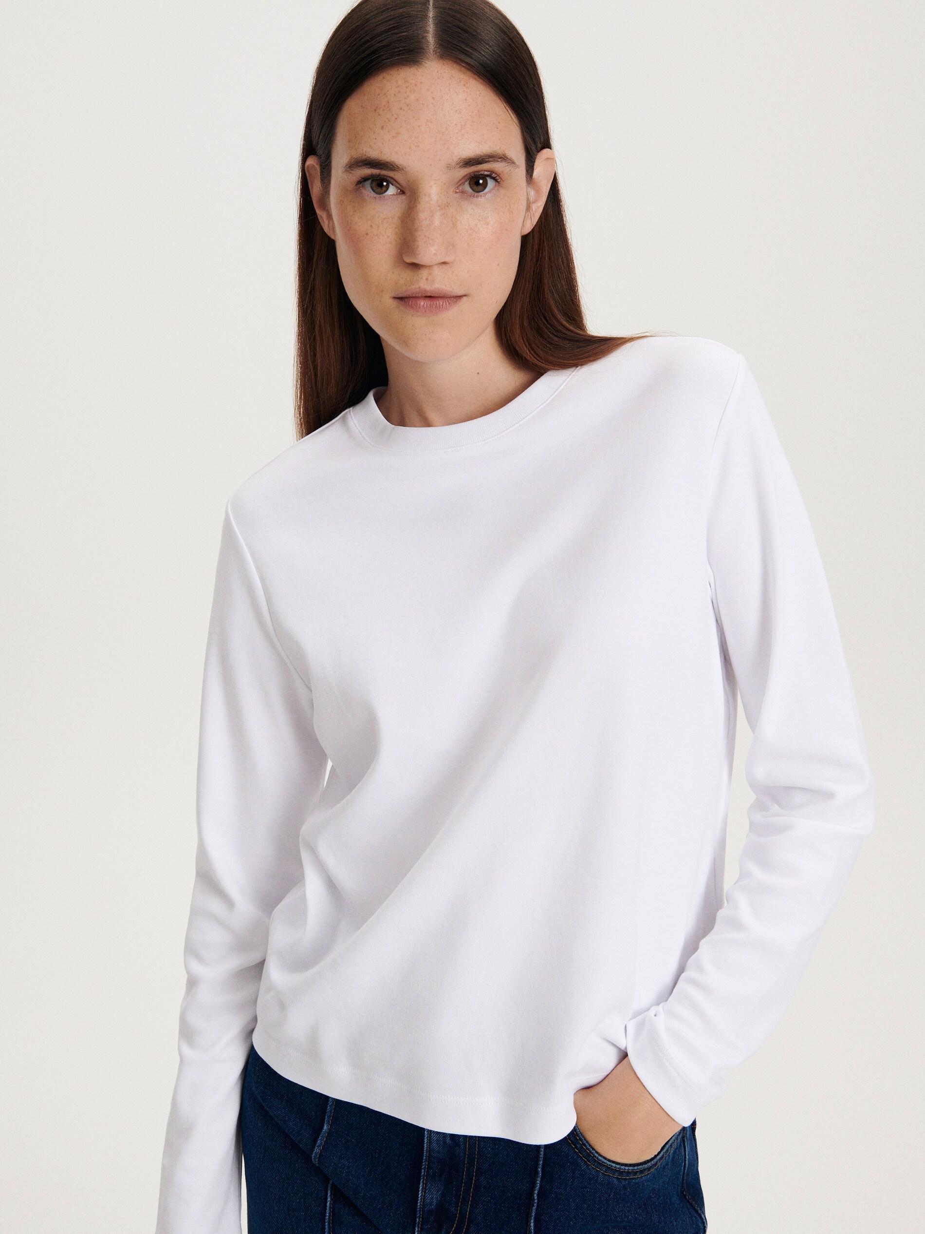 White Long Sleeve Cotton T-Shirt, White, medium
