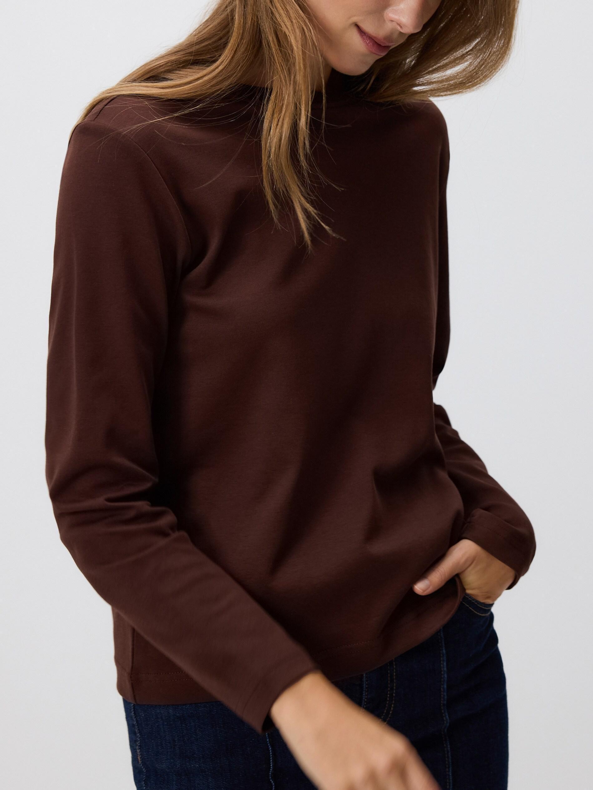 Brown Mercerised Cotton Rich Long Sleeve T-Shirt, Brown, large image number 0