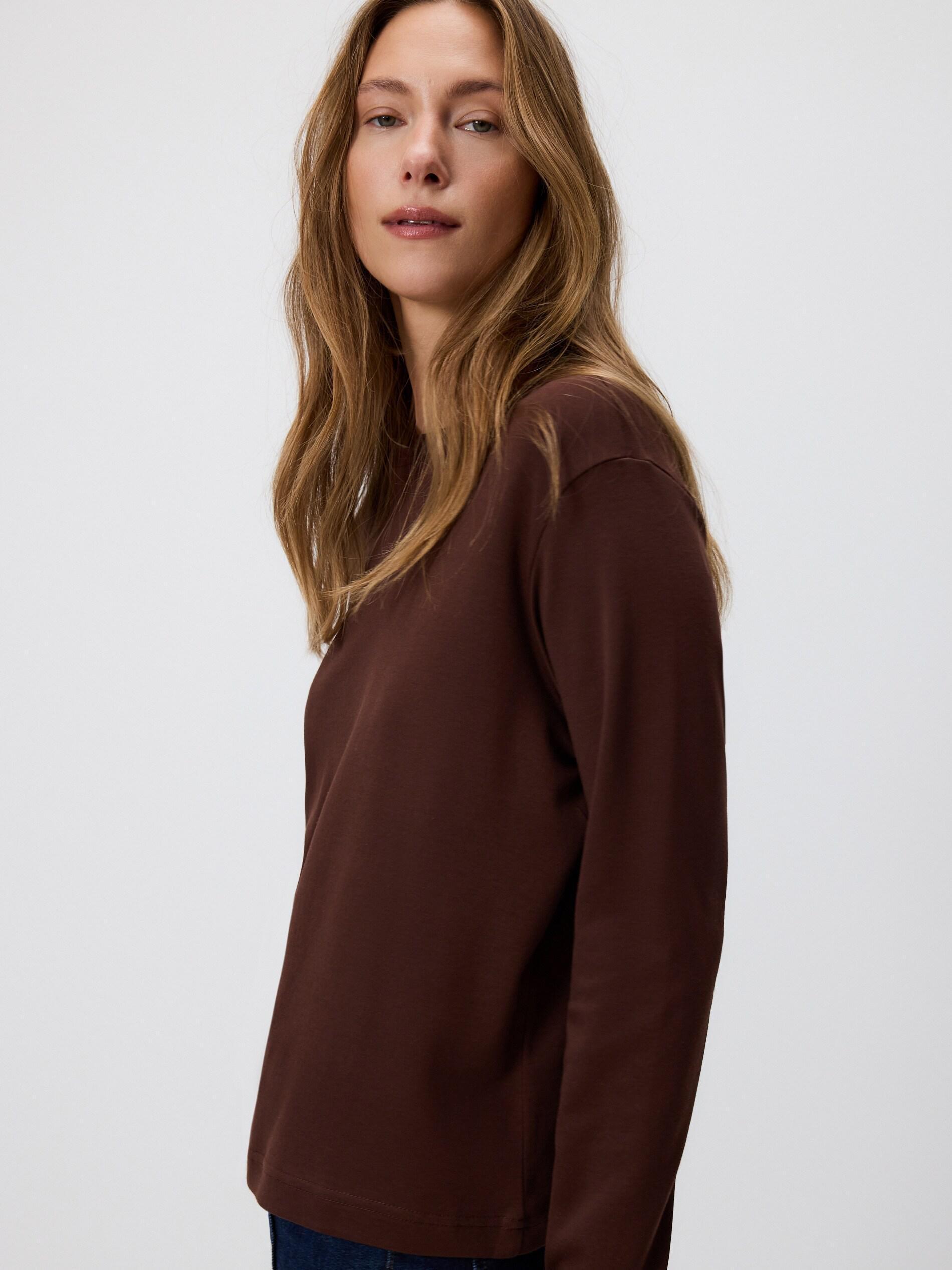 Brown Mercerised Cotton Rich Long Sleeve T-Shirt, Brown, large image number 1