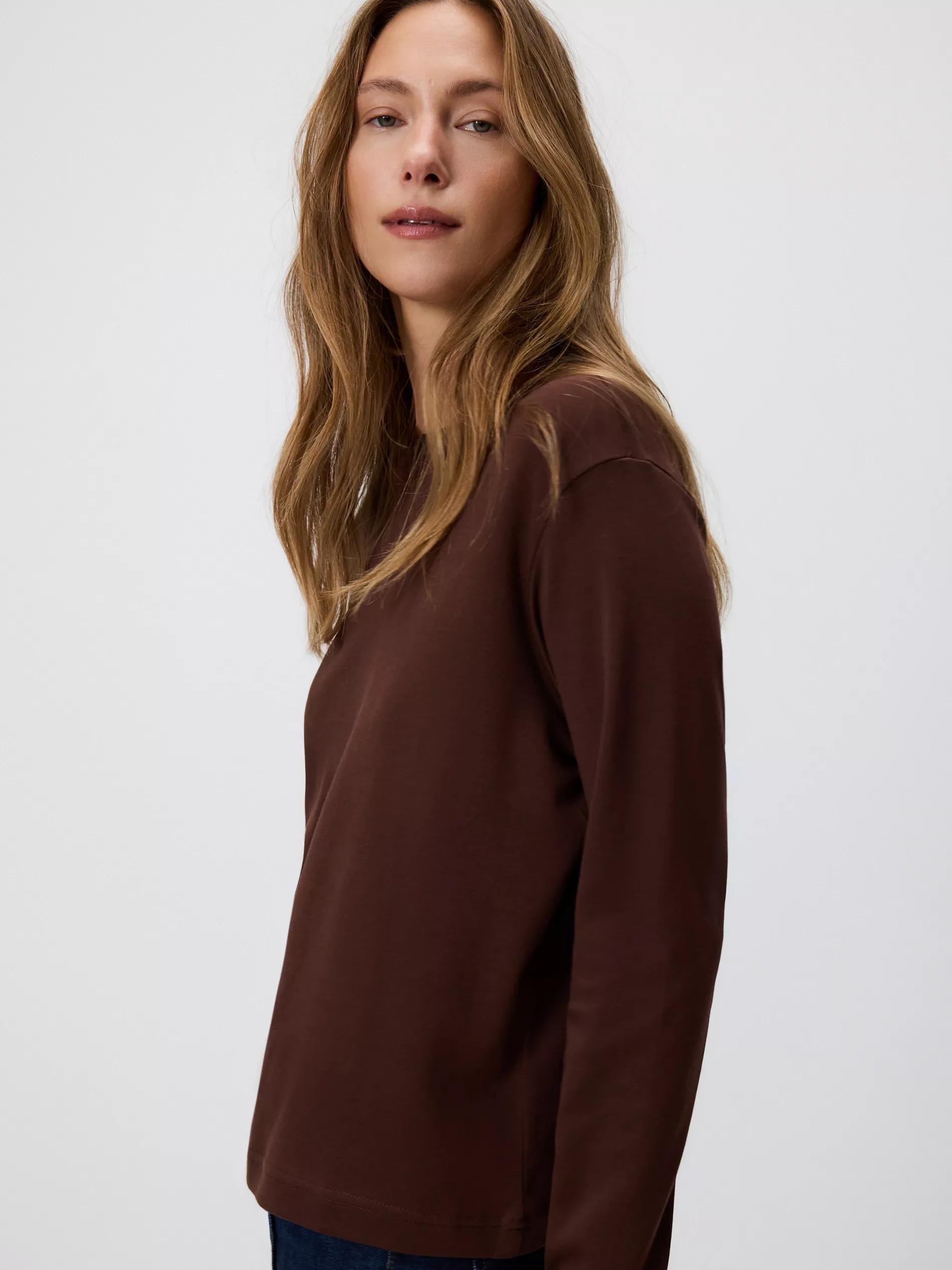 Brown Mercerised Cotton Rich Long Sleeve T-Shirt, Brown, medium