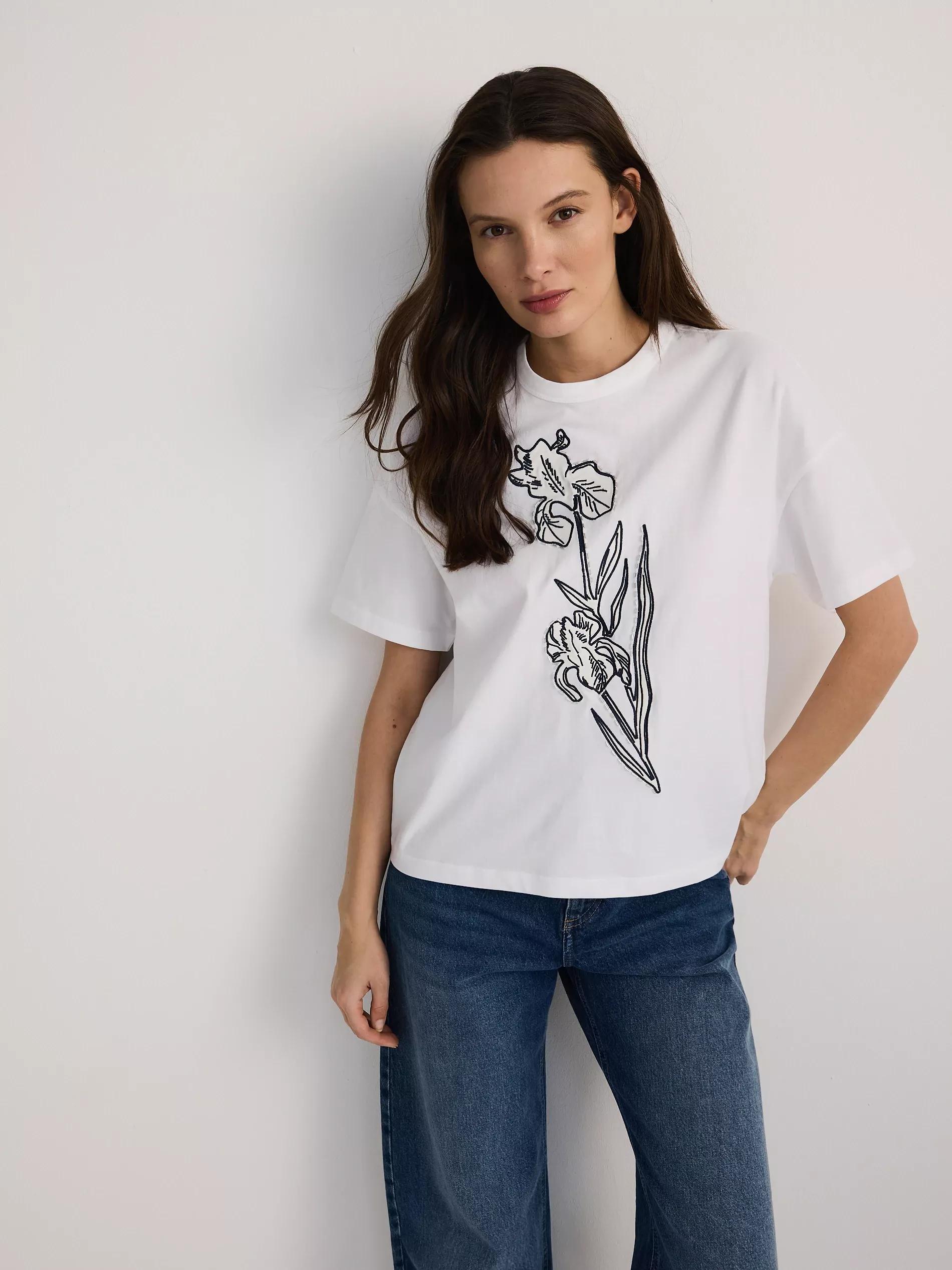 White Cotton T-Shirt With Applique, , medium