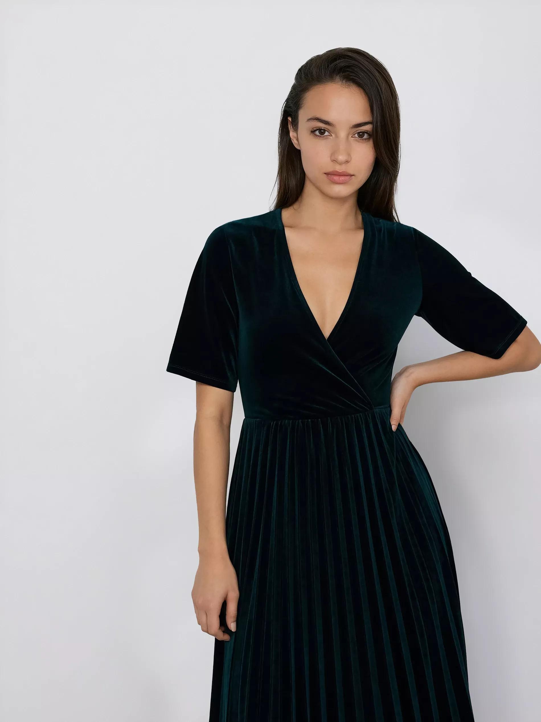 Green Velour Dress With Pleats, Turquoise, large image number 1