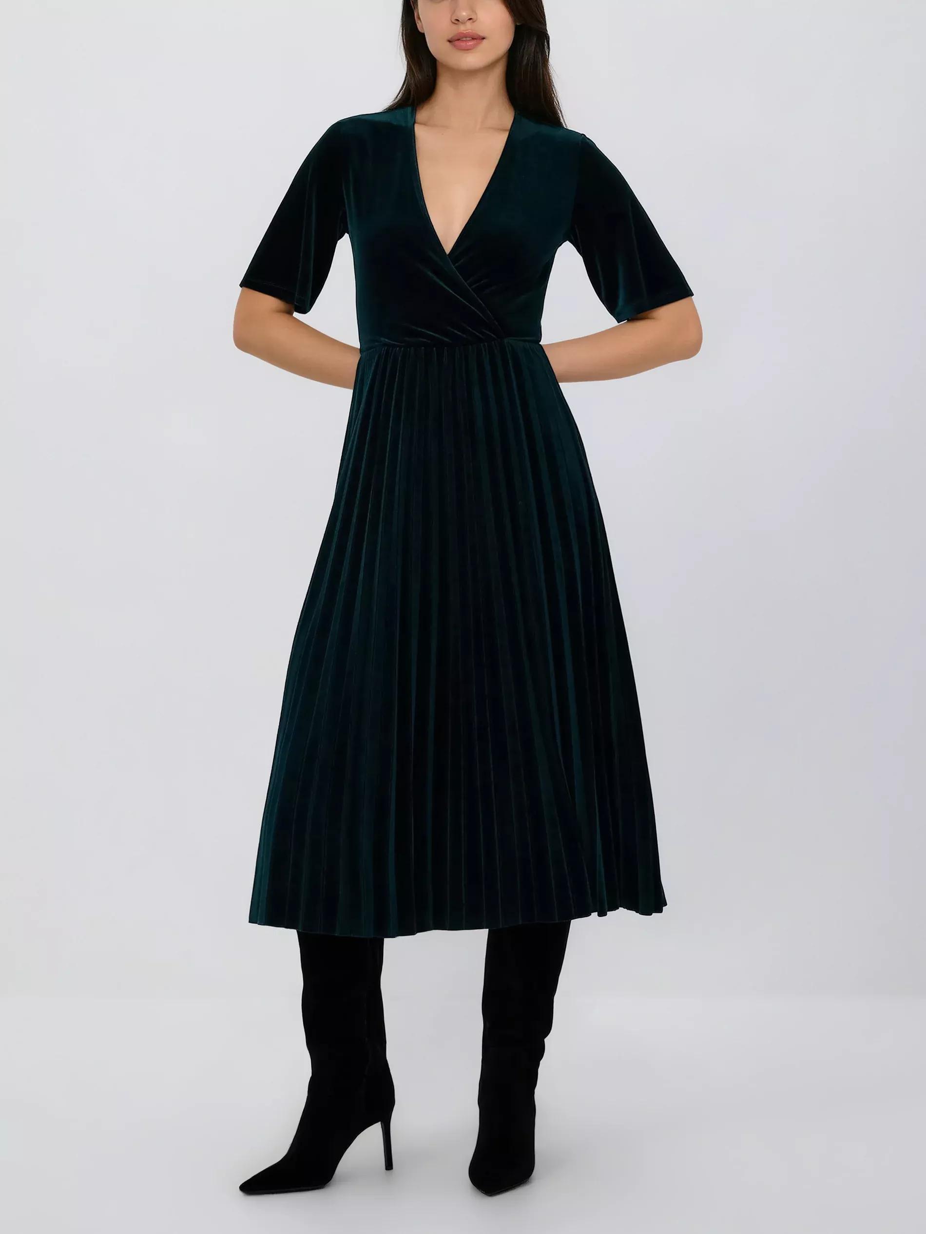 Green Velour Dress With Pleats, Turquoise, large image number 2