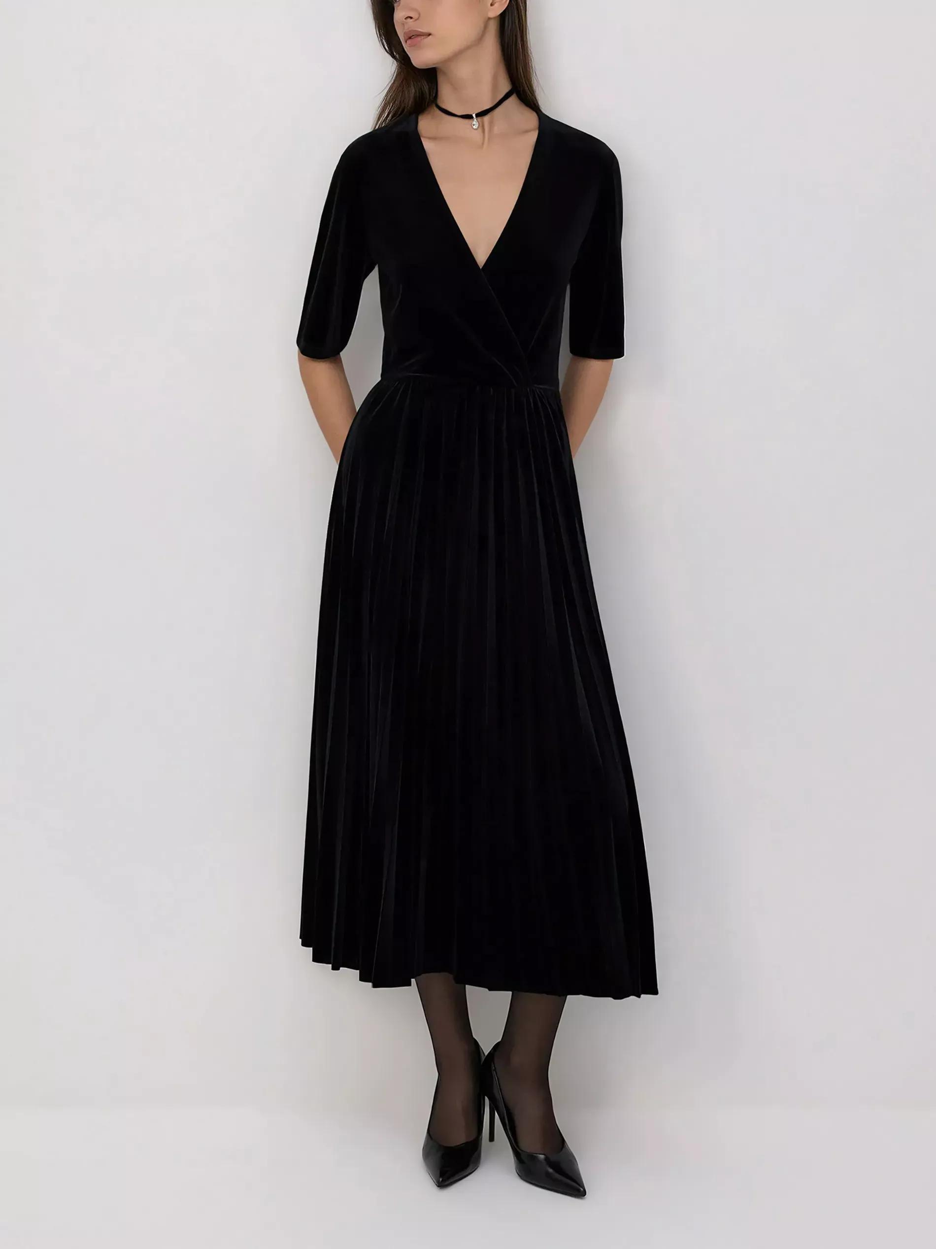 Black Velour Dress With Pleats, Black, large image number 0