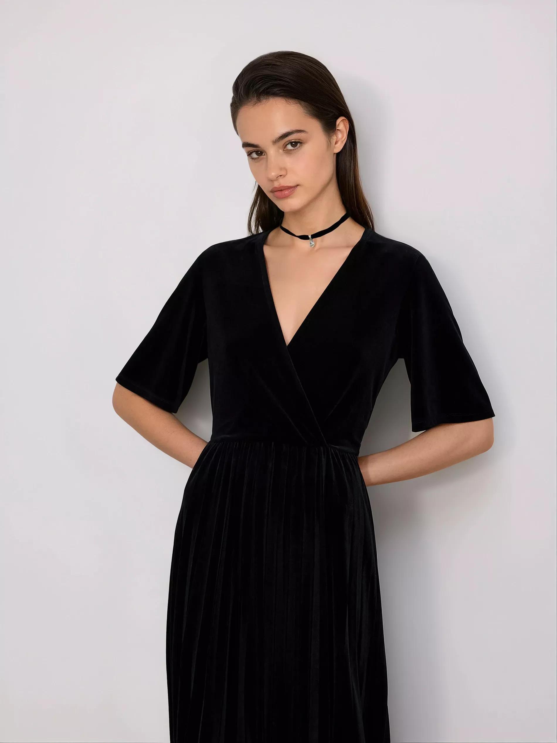 Black Velour Dress With Pleats, Black, large image number 1