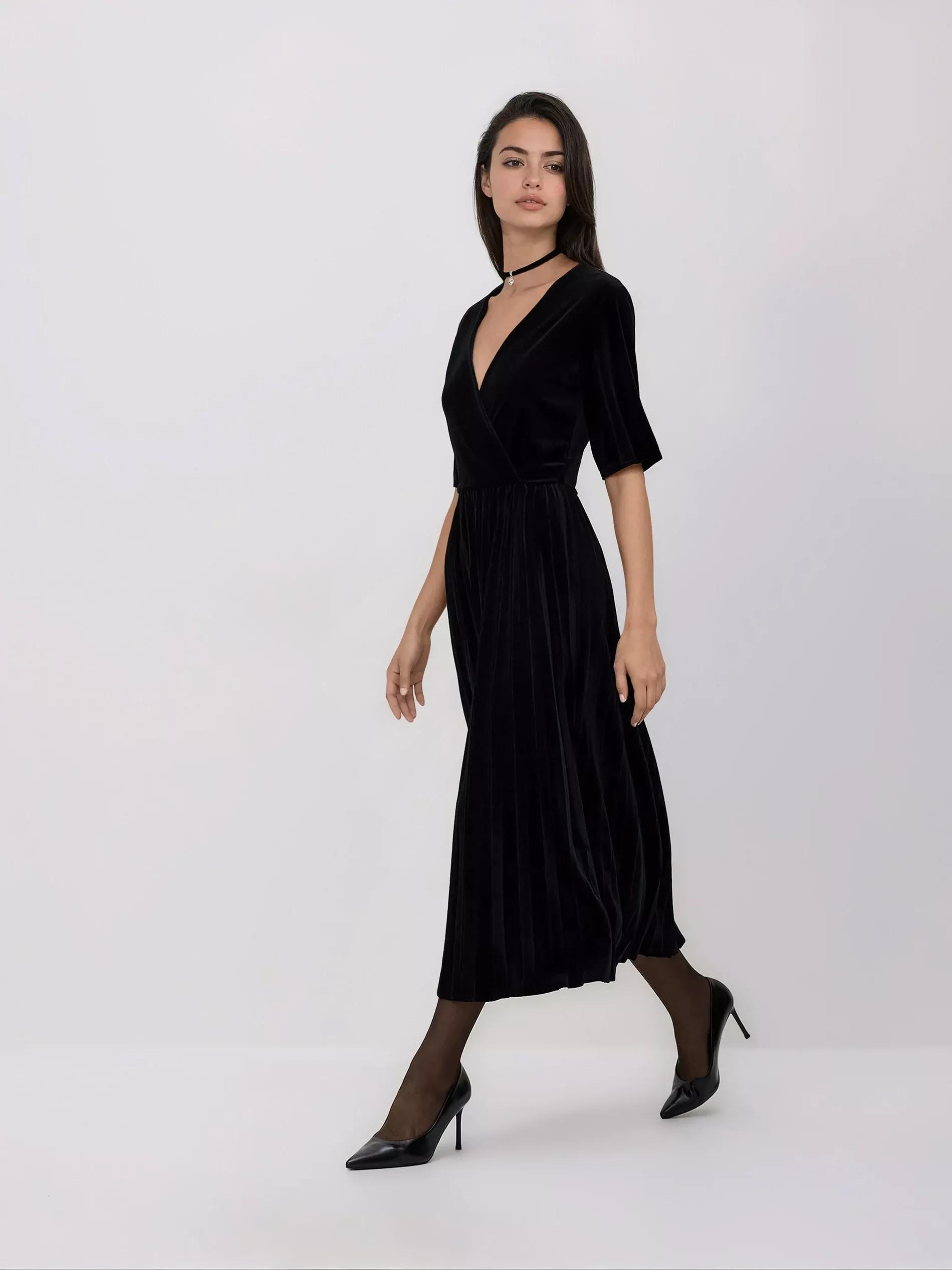 Black Velour Dress With Pleats, Black, large image number 2