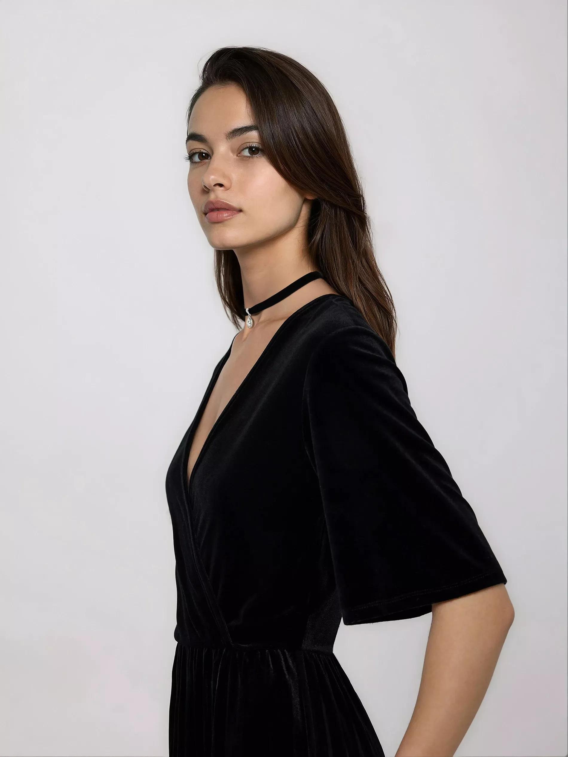 Black Velour Dress With Pleats, Black, large image number 3