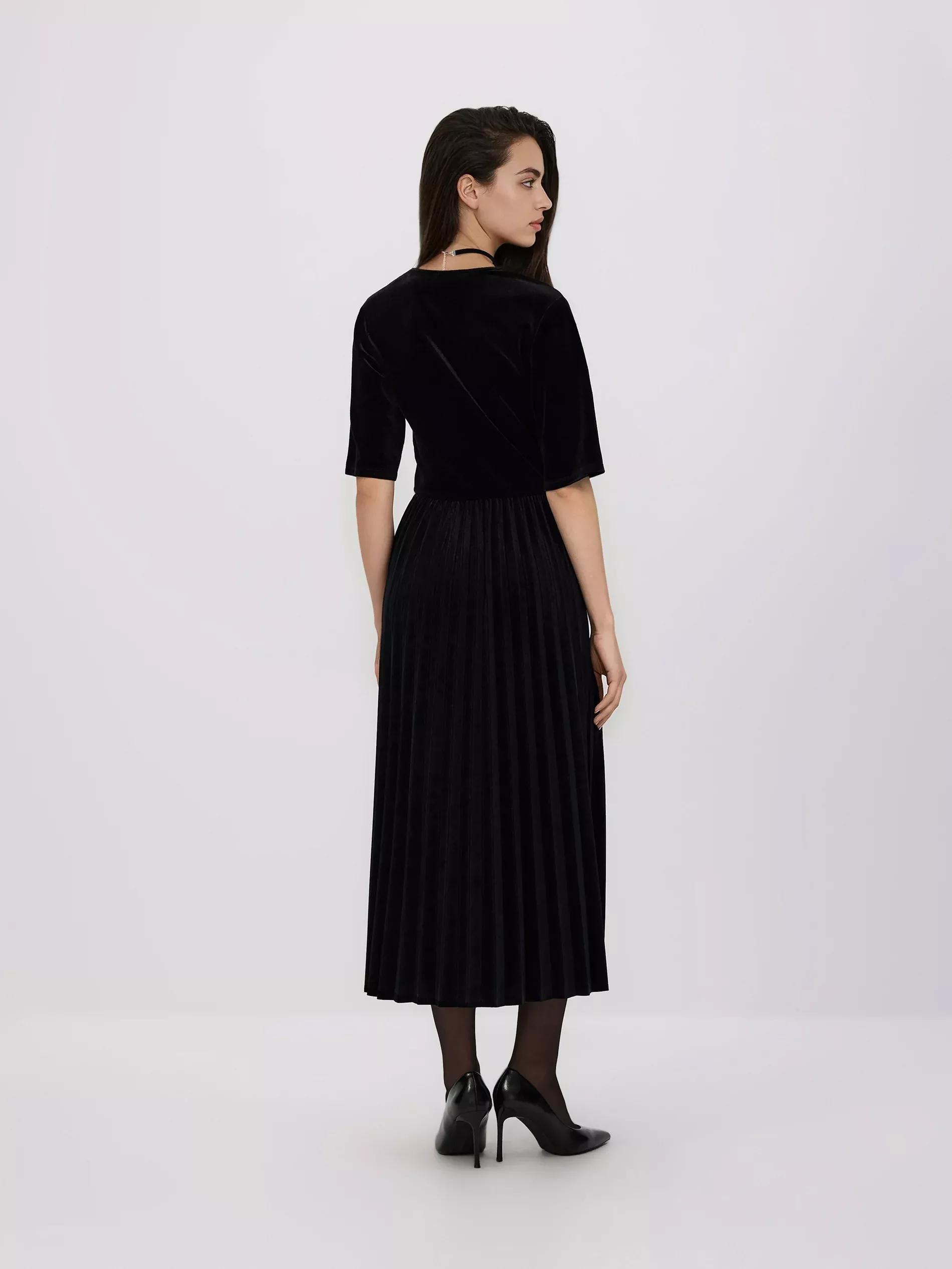 Black Velour Dress With Pleats, Black, large image number 4