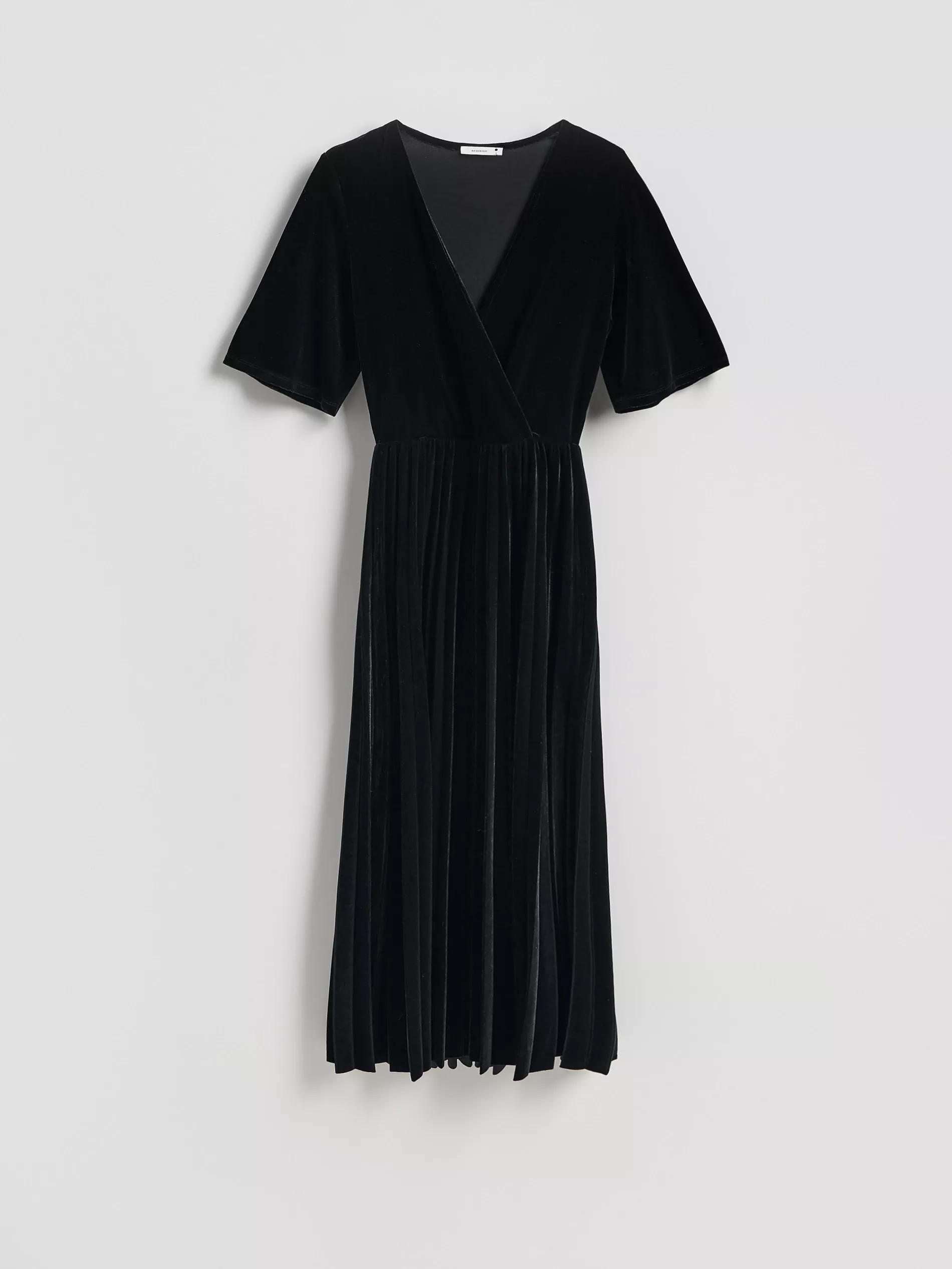 Black Velour Dress With Pleats, Black, large image number 5