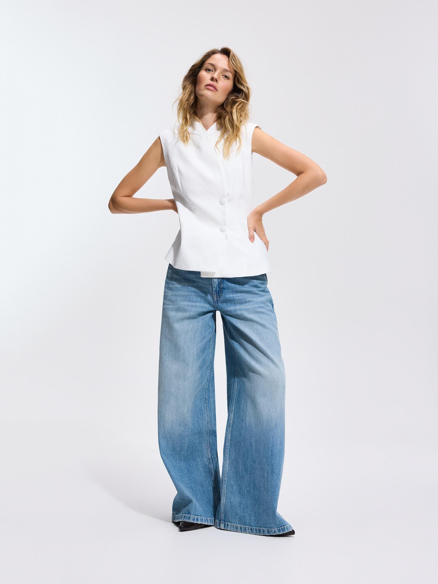 White Long Cotton Blend Vest, White, medium