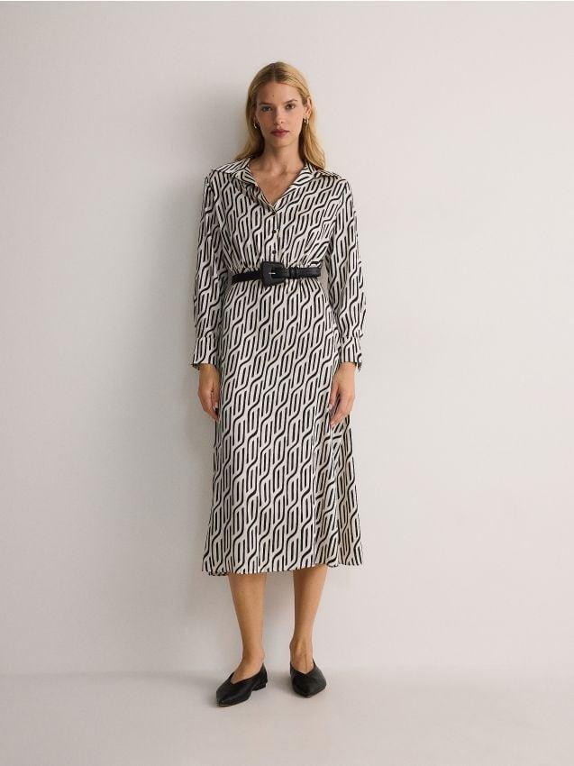 Black Midi Shirt Dress With Tie Waist, , large image number 0