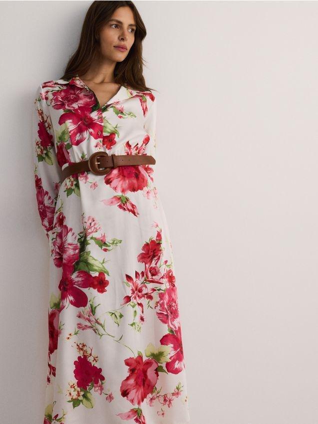 Multicolour Midi Shirt Dress With Tie Waist, , large image number 0