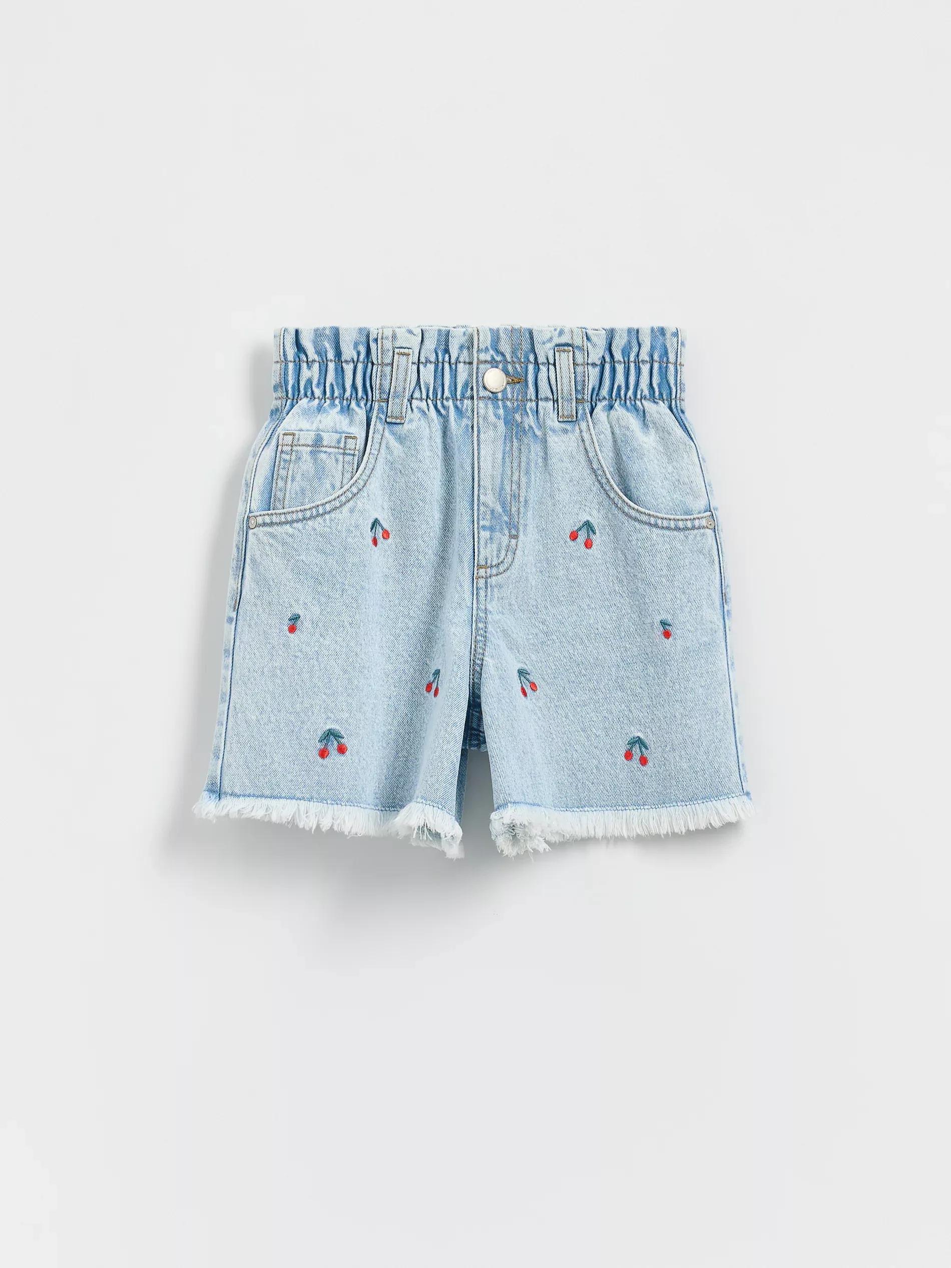 Blue Embroidered Denim Shorts, Blue, large image number 0