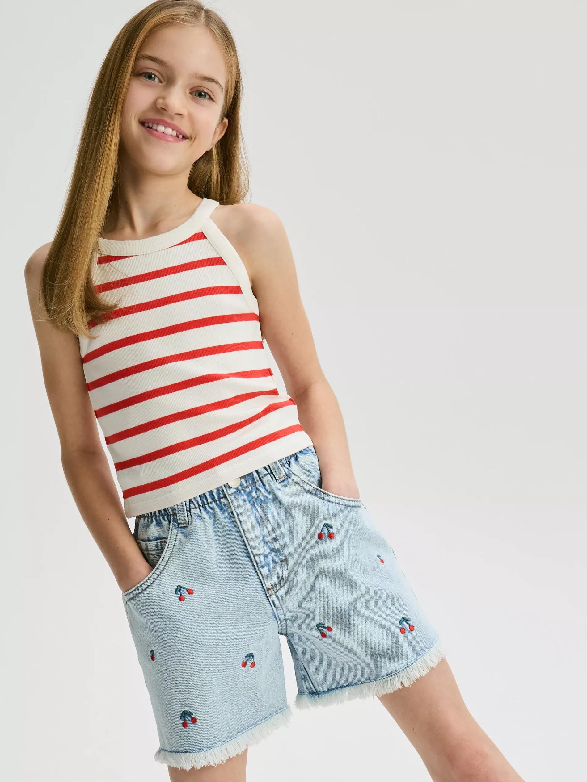 Blue Embroidered Denim Shorts, Blue, large image number 2