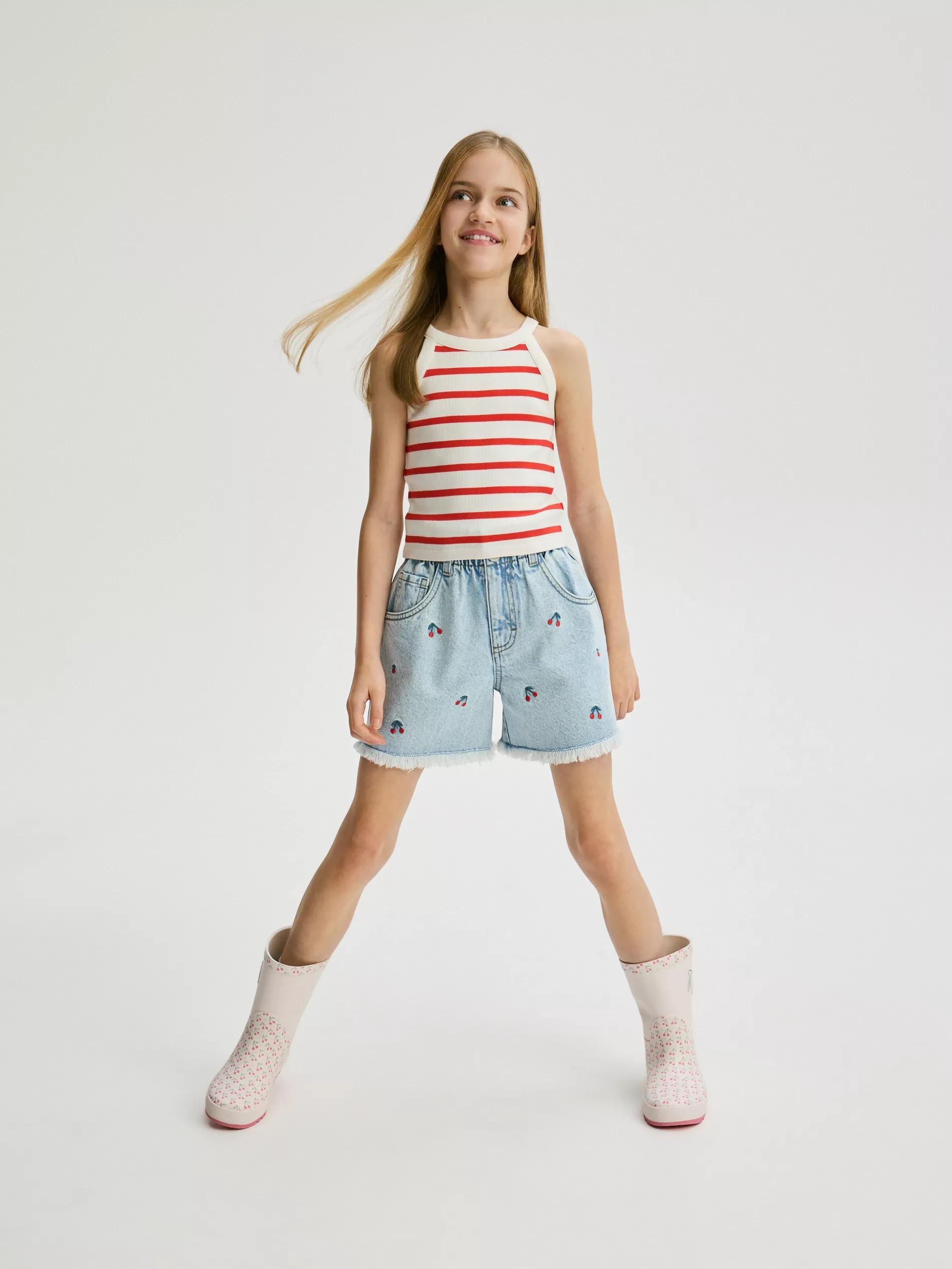 Blue Embroidered Denim Shorts, Blue, large image number 3