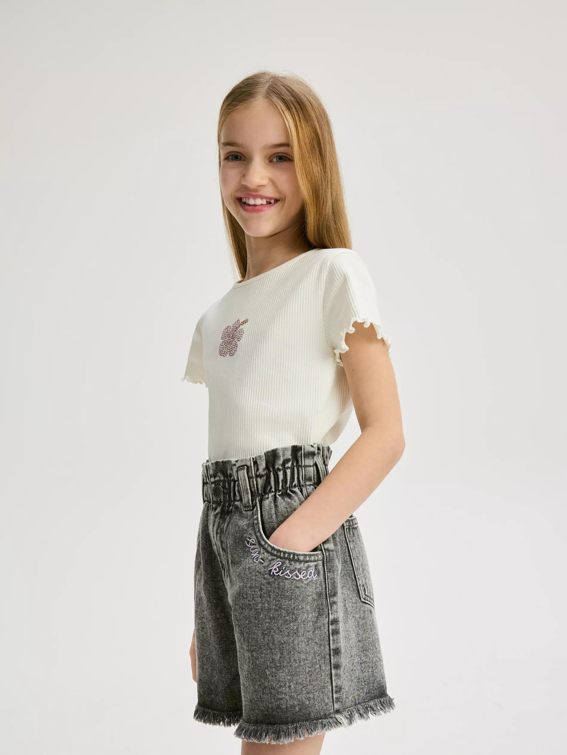Grey Embroidered Denim Shorts, , large image number 2