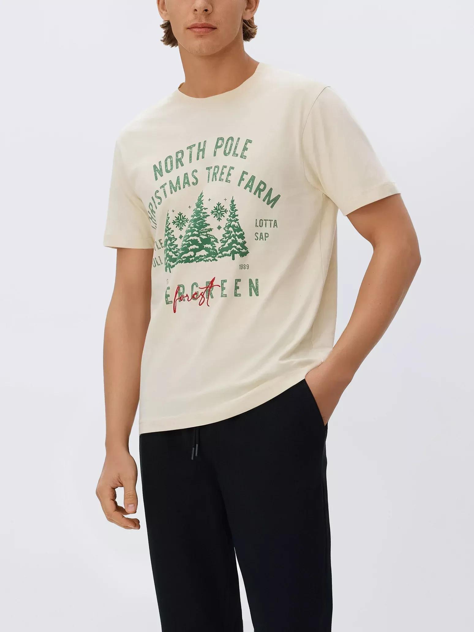 Cream Two Piece Pyjama Set With Christmas Print, Ivory, medium