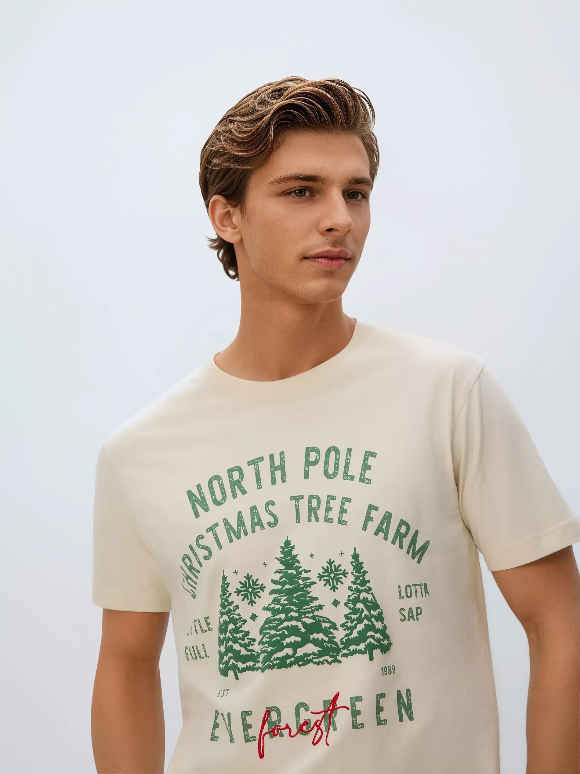 Cream Two Piece Pyjama Set With Christmas Print, Ivory, medium