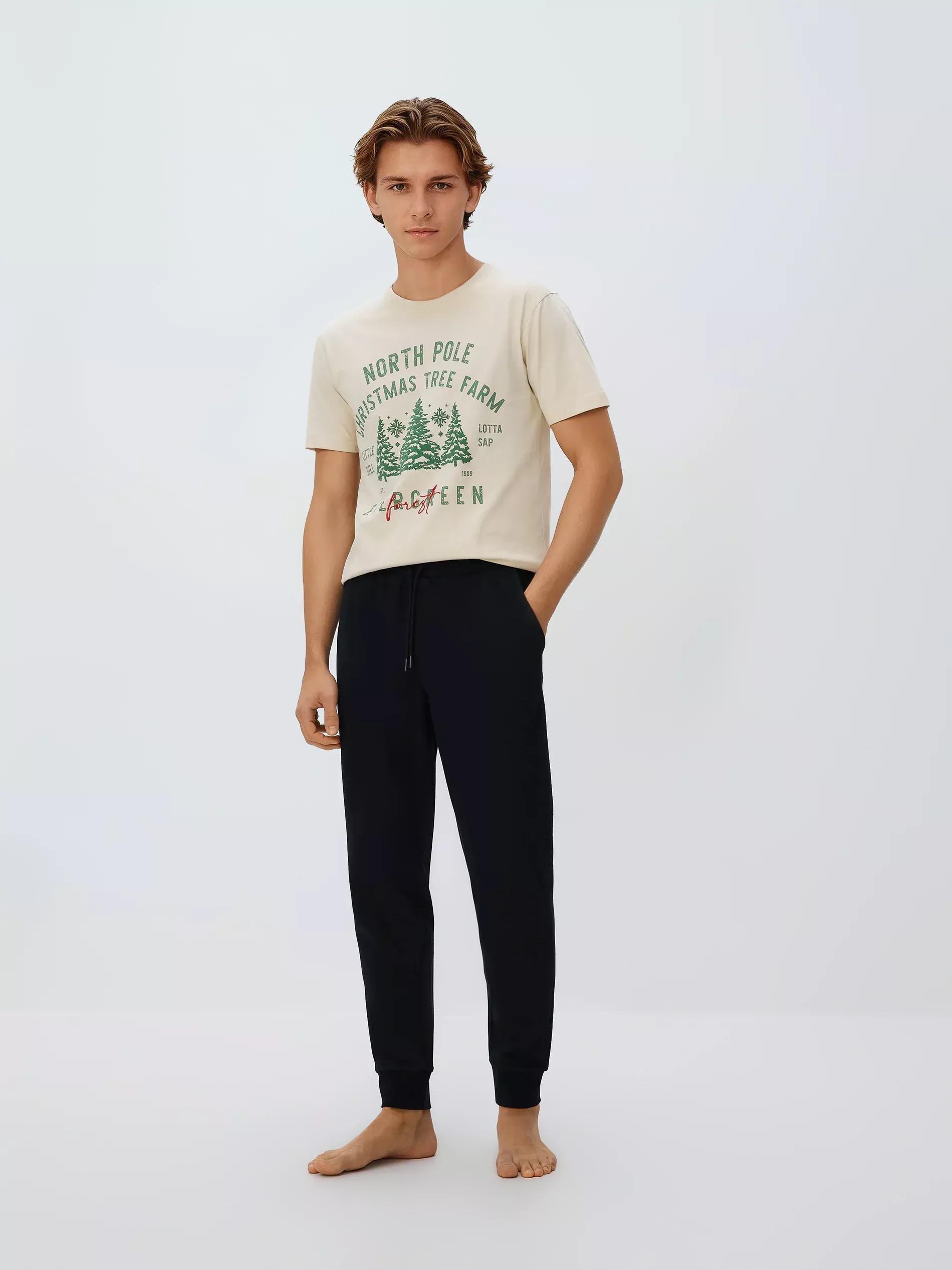 Cream Two Piece Pyjama Set With Christmas Print, Ivory, large image number 3