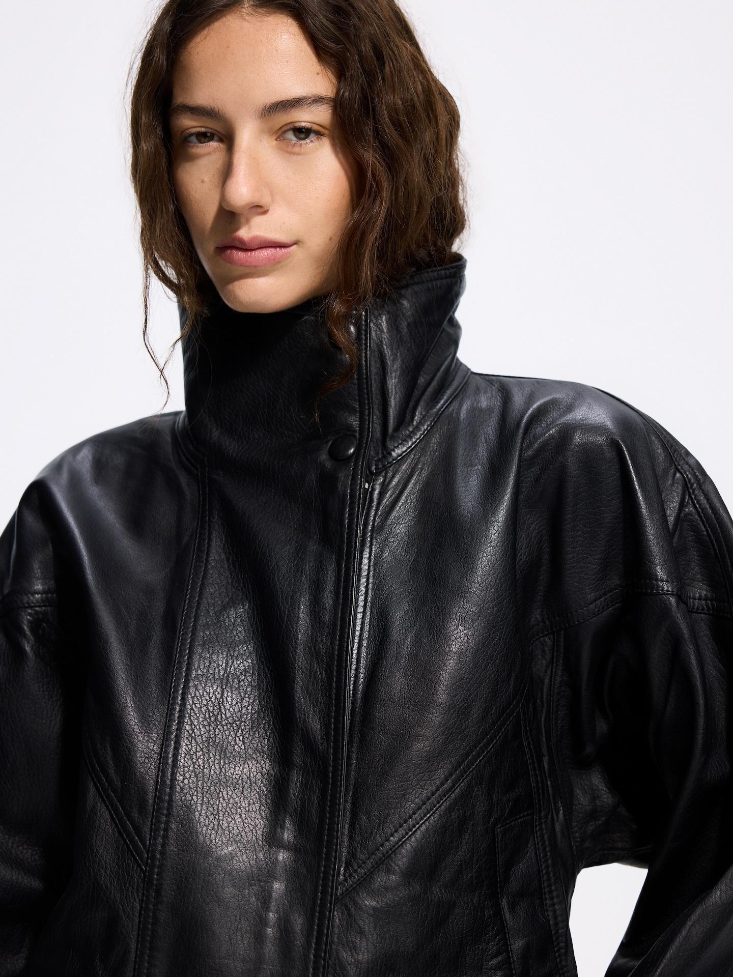 Black Leather Bomber Jacket, Black, medium