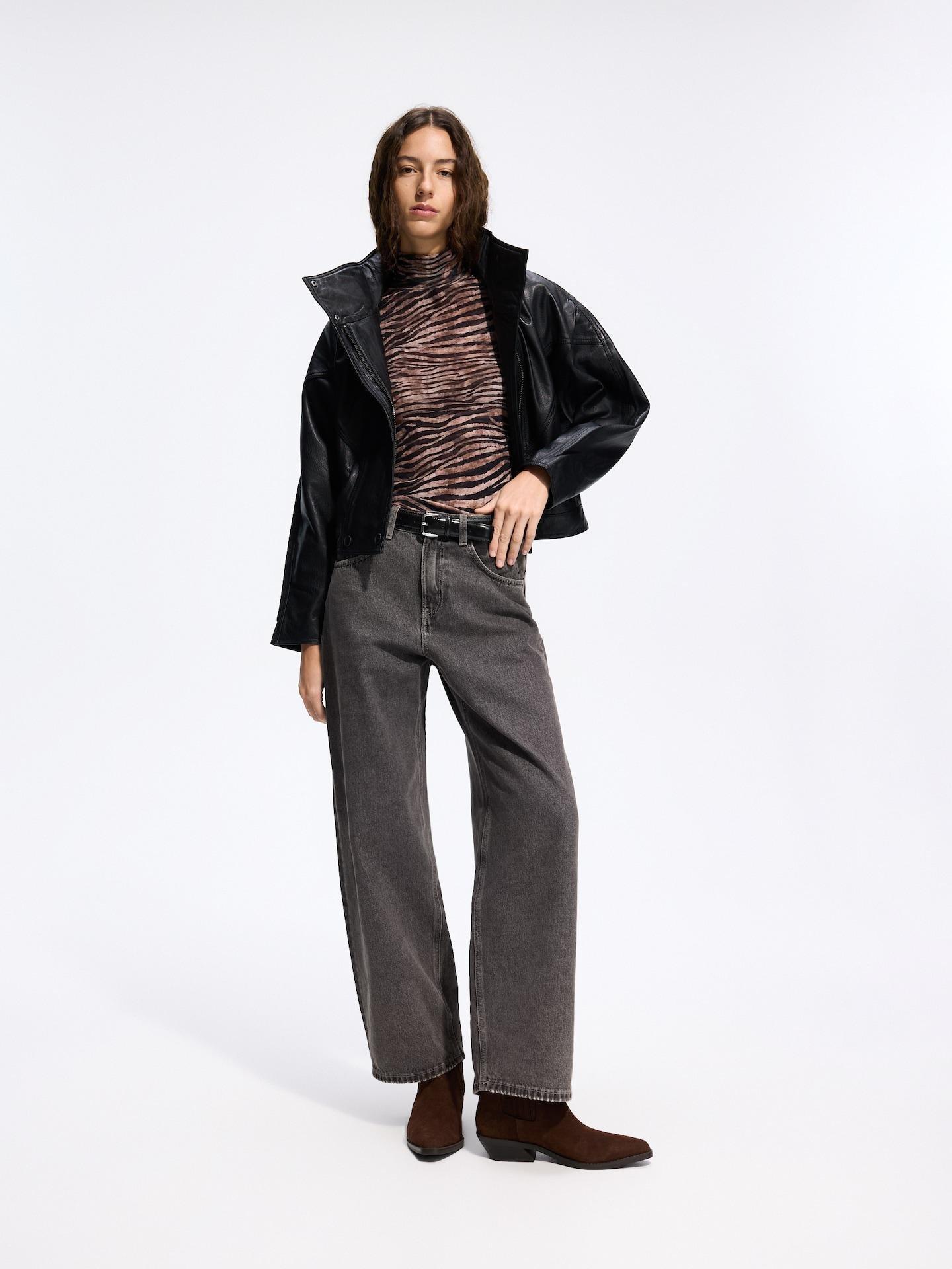 Black Leather Bomber Jacket, Black, medium