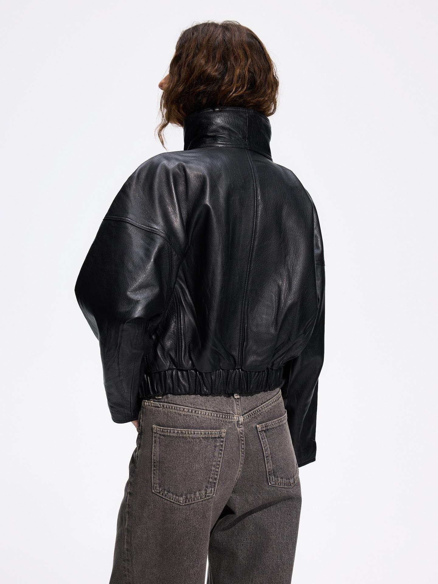 Black Leather Bomber Jacket, Black, medium