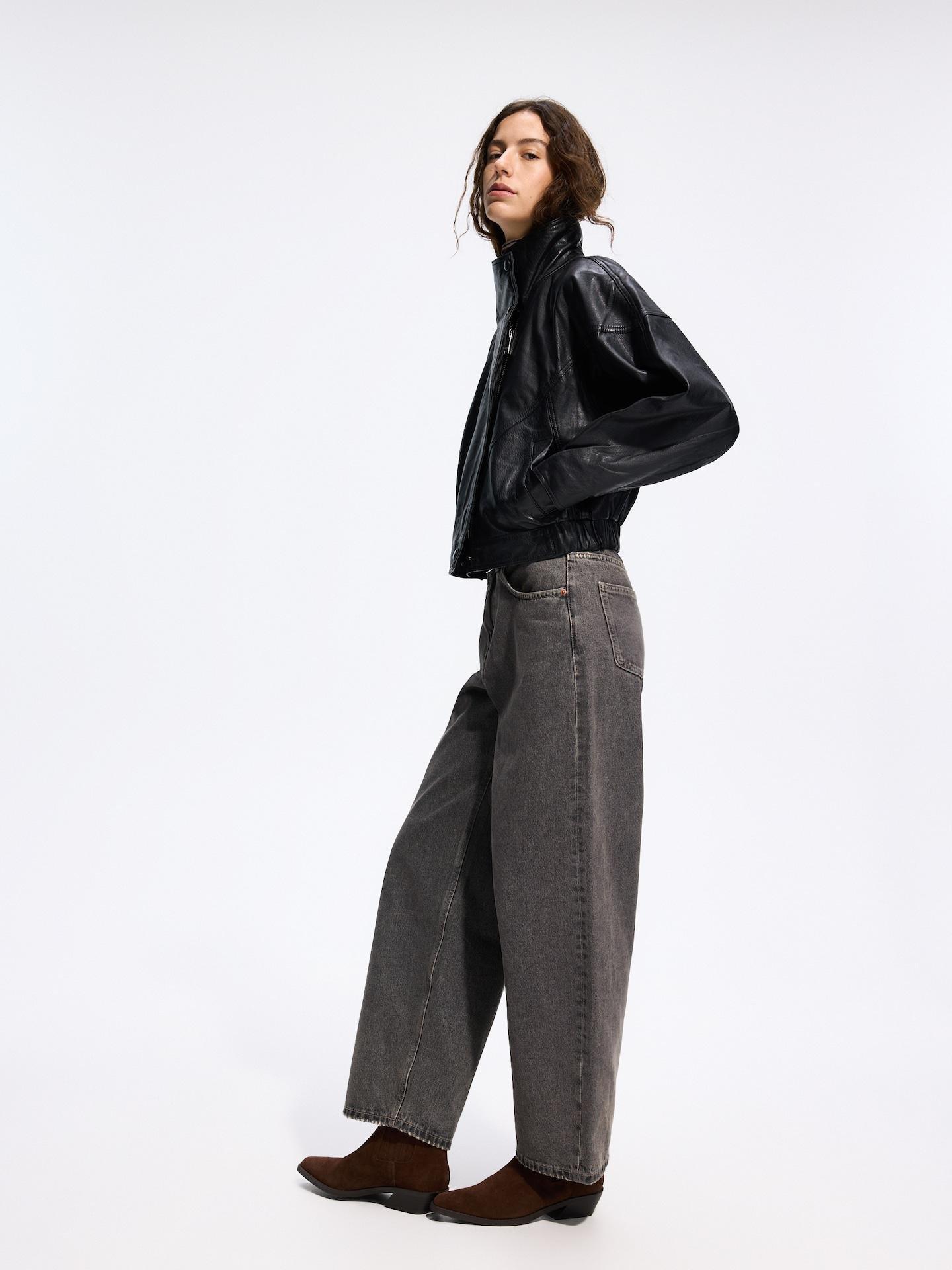 Black Leather Bomber Jacket, Black, large image number 3