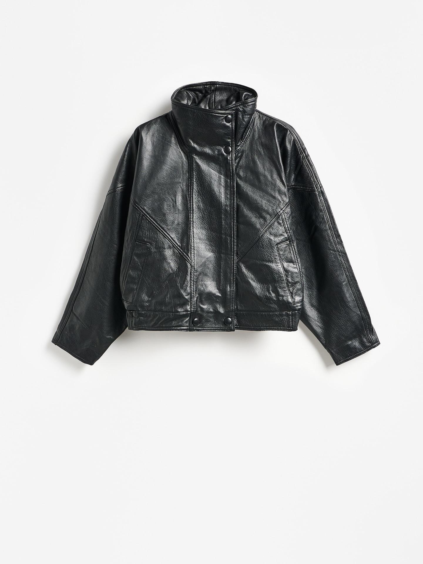 Black Leather Bomber Jacket, Black, large image number 4
