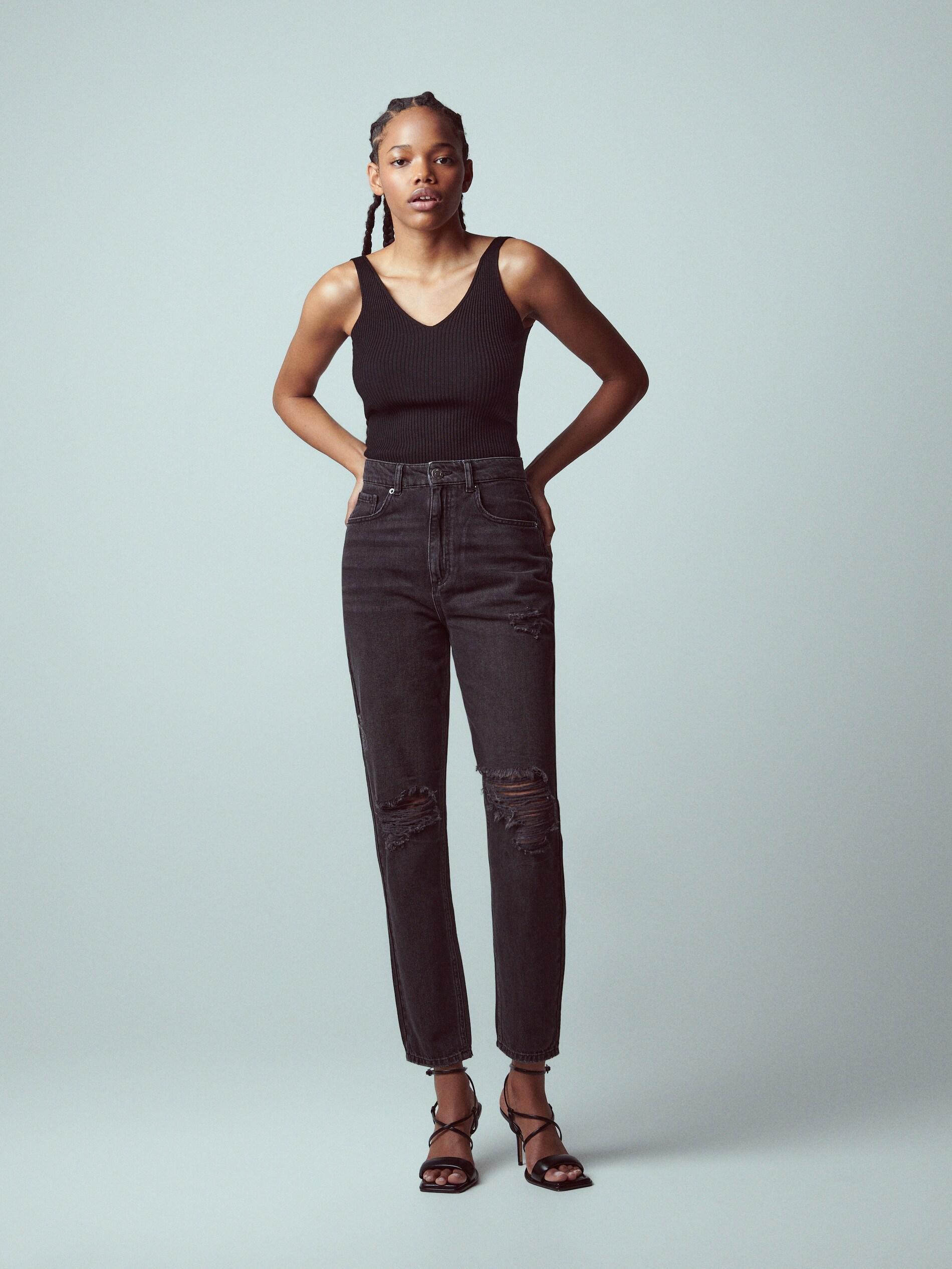 Black Ripped Mom Fit Jeans, , large image number 0