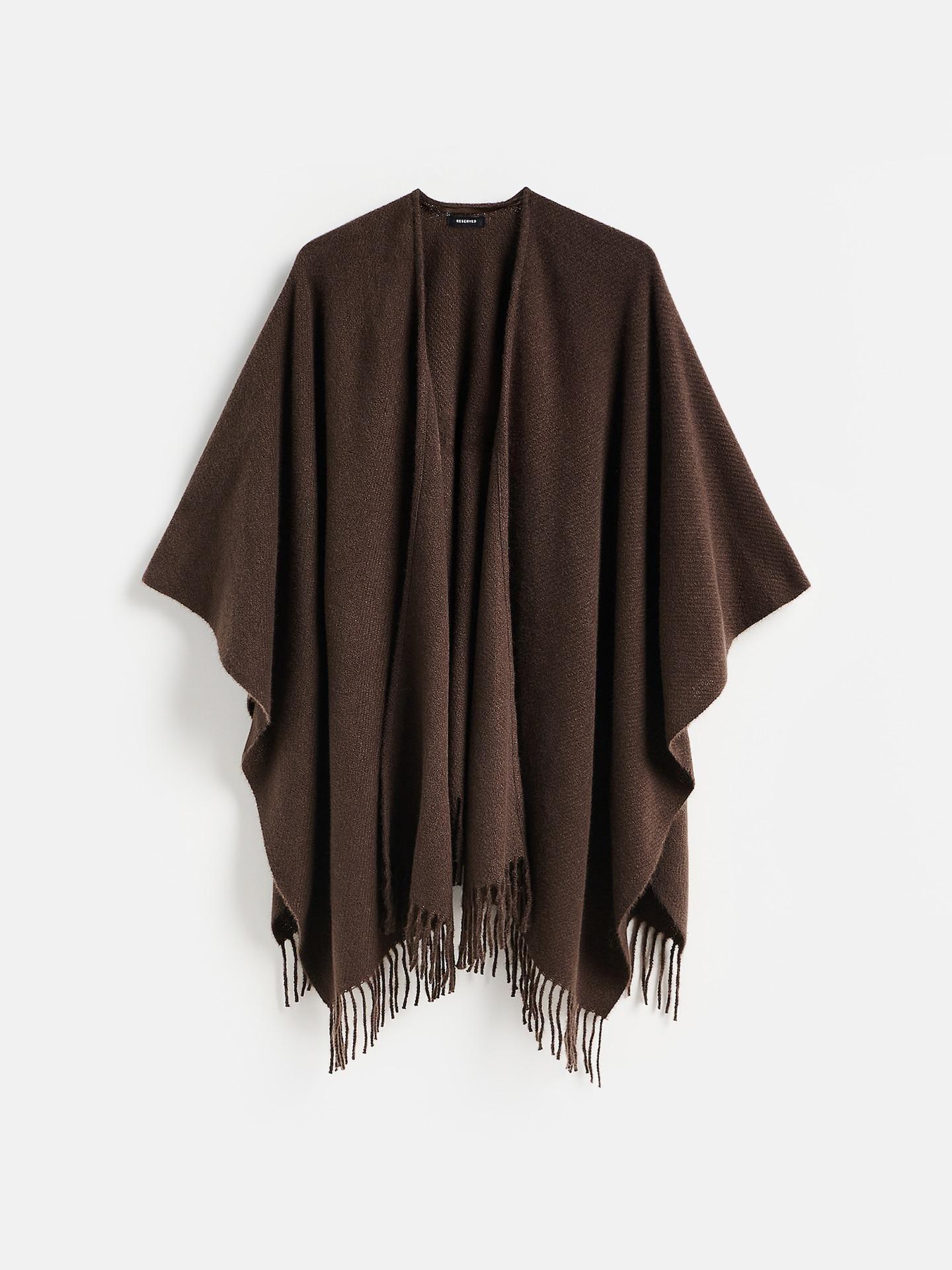 Brown Poncho With Fringes, Brown, medium