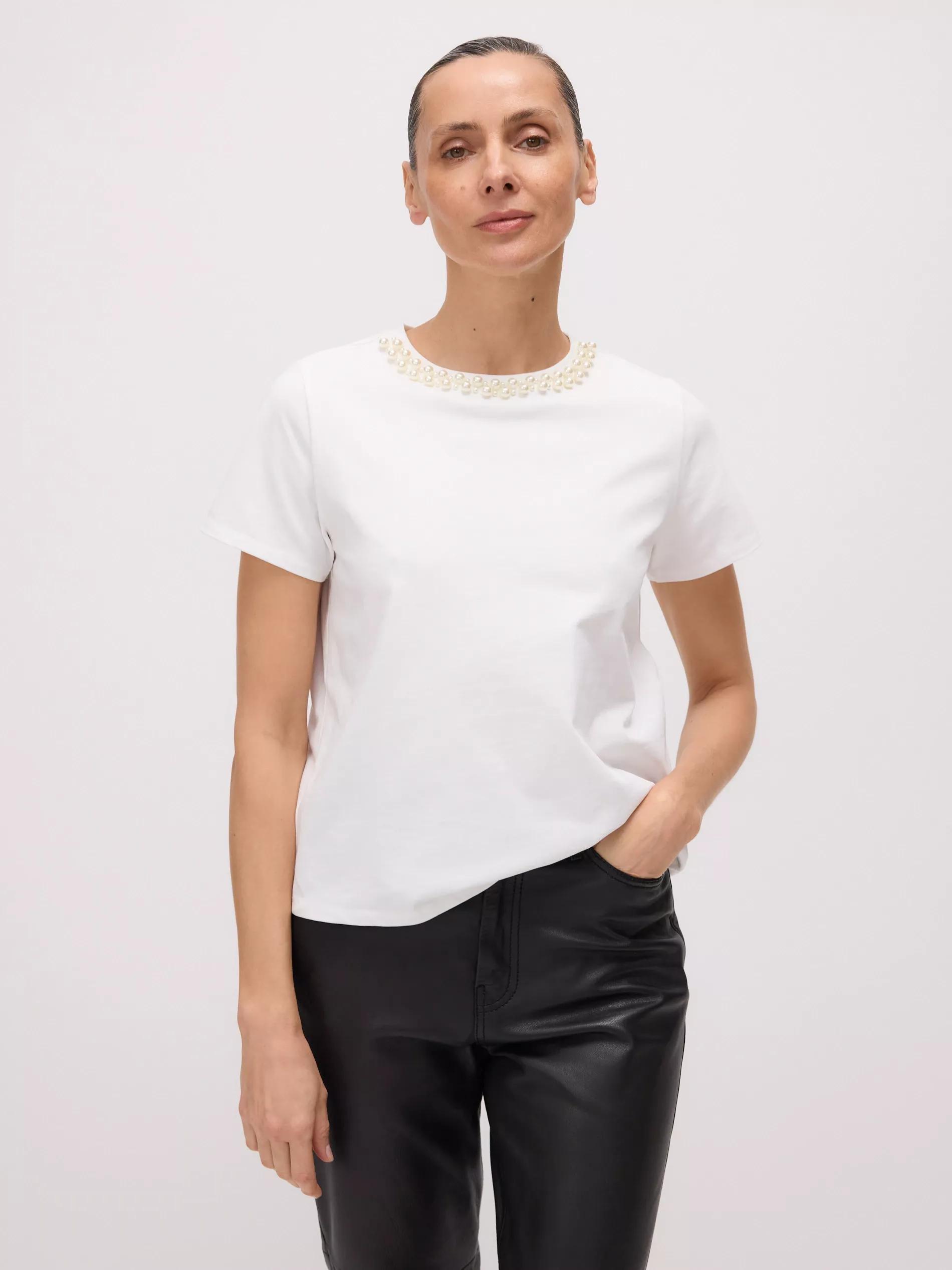 White T-Shirt With Ornamental Neckline, , large image number 0