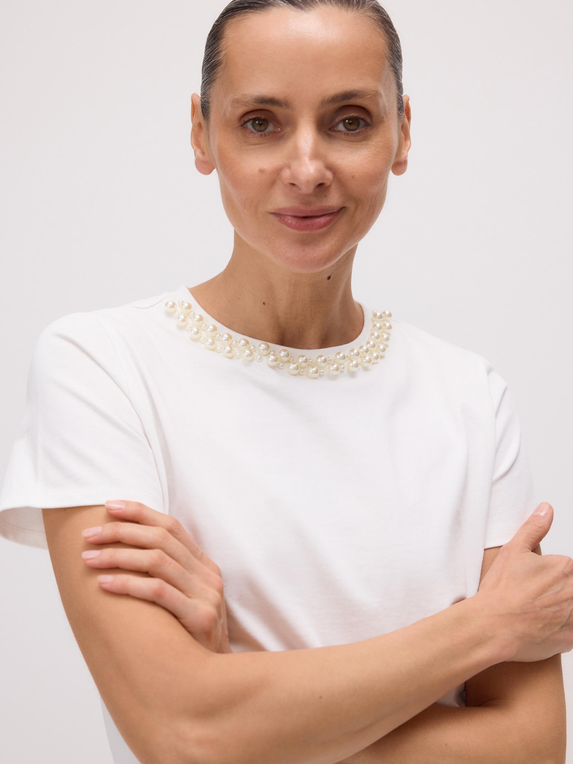 White T-Shirt With Ornamental Neckline, , large image number 1