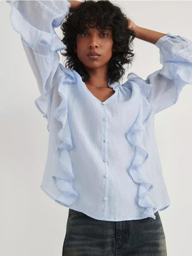 Navy ruffle blouse online