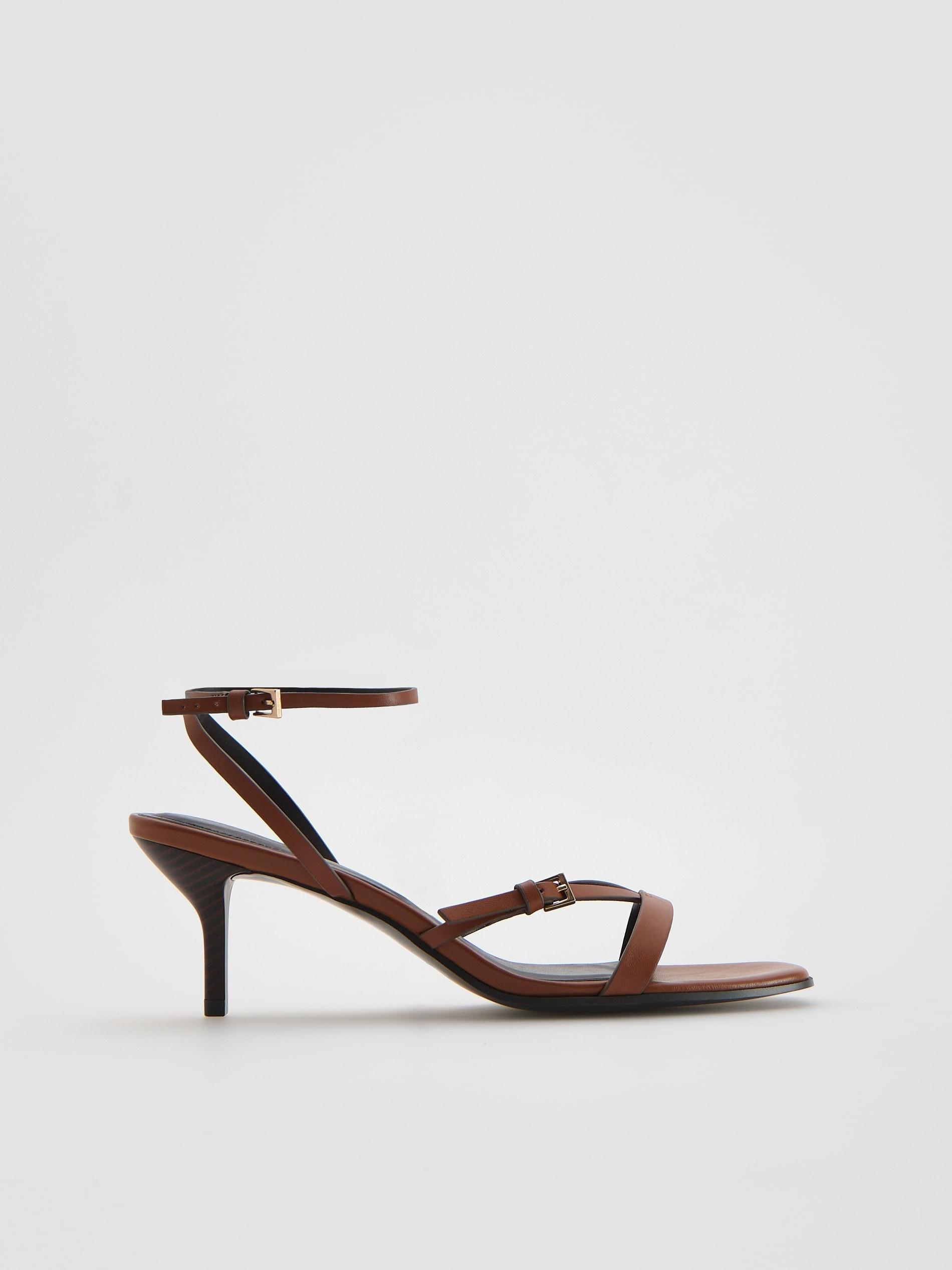 Brown Heeled Leather Sandals, Brown, large image number 2