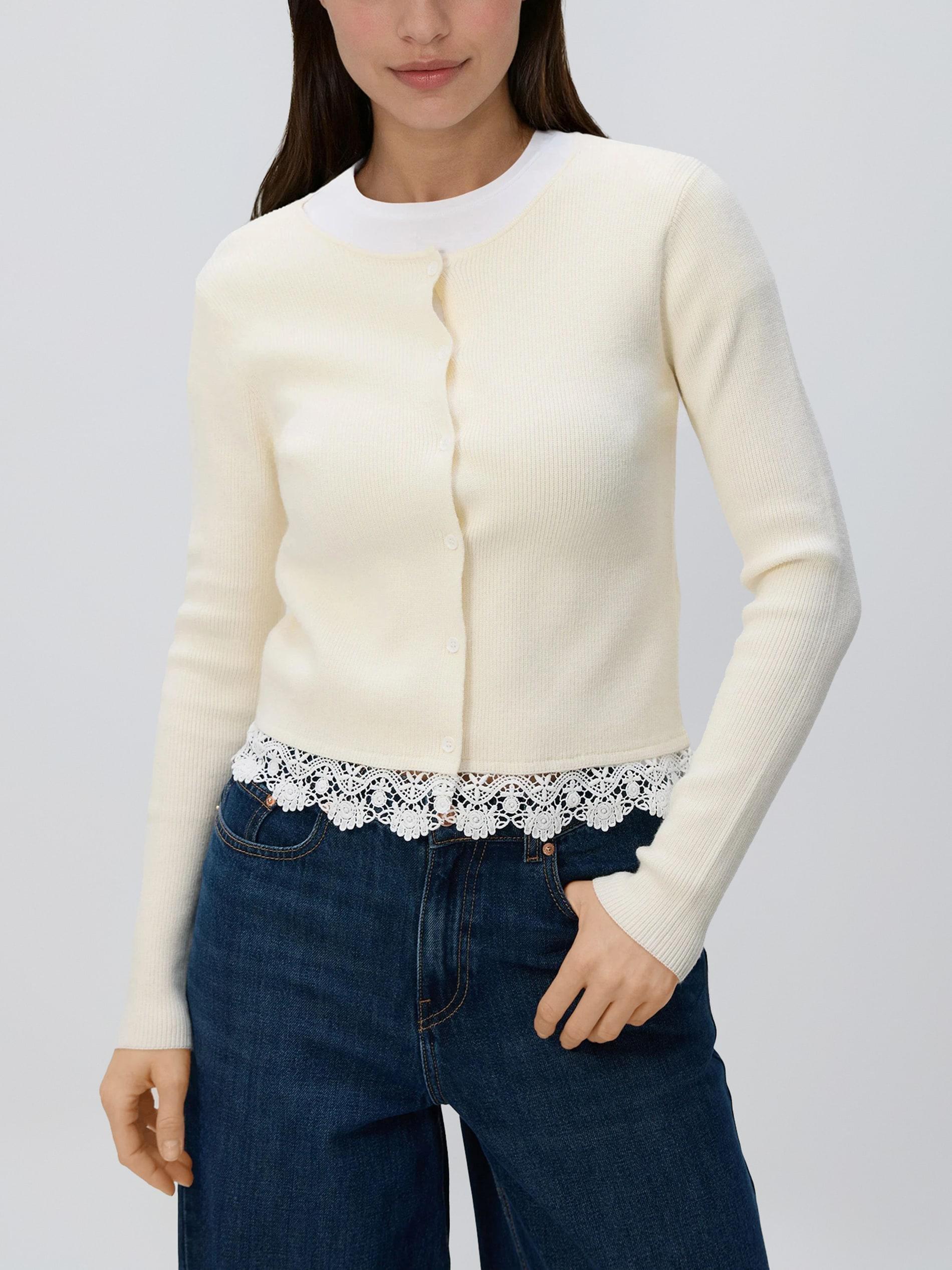 Beige Cardigan With Lace, Ivory, large image number 2