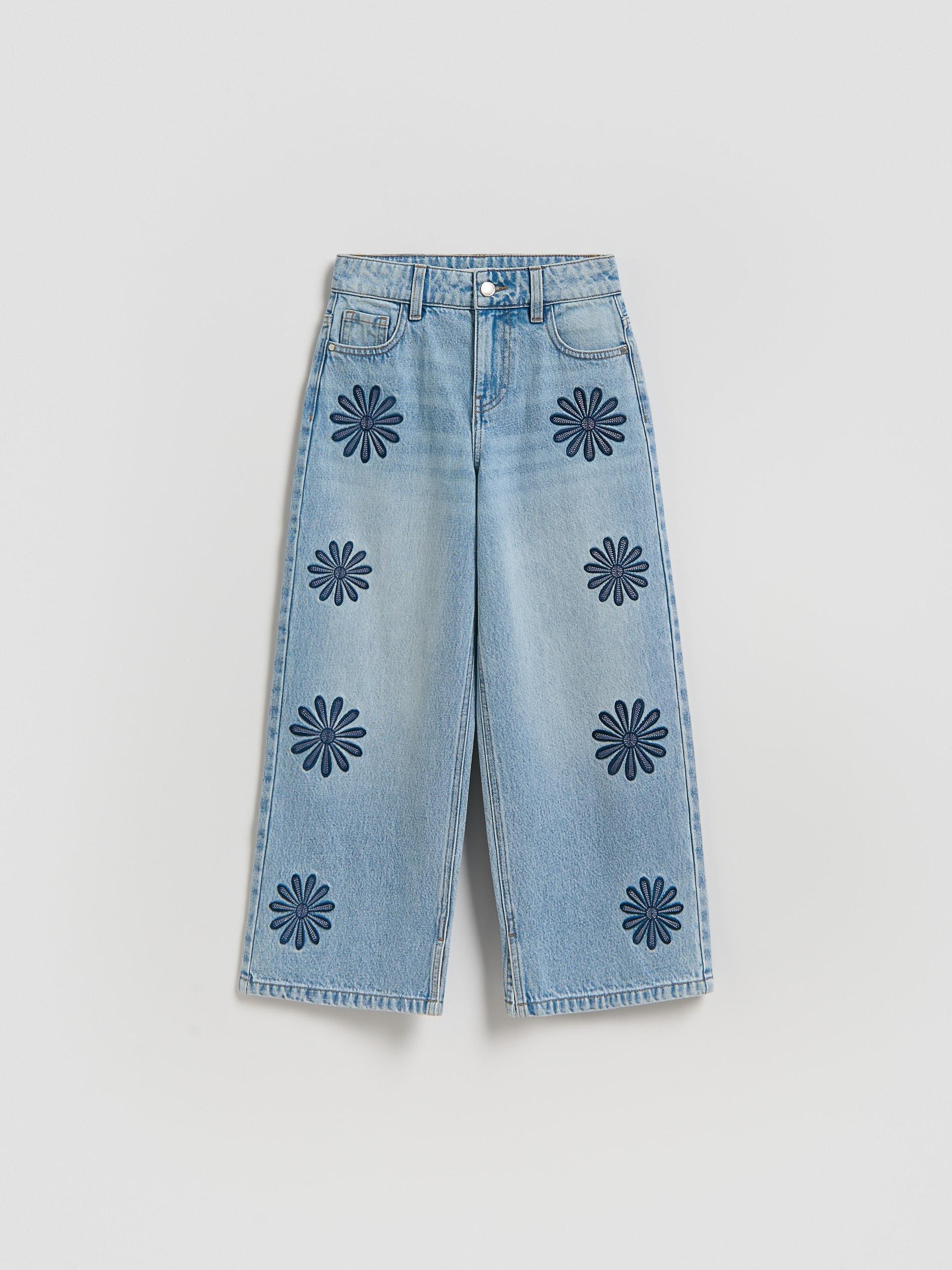 Blue Wide Leg Jeans With Embroidery Detailing, Blue, medium
