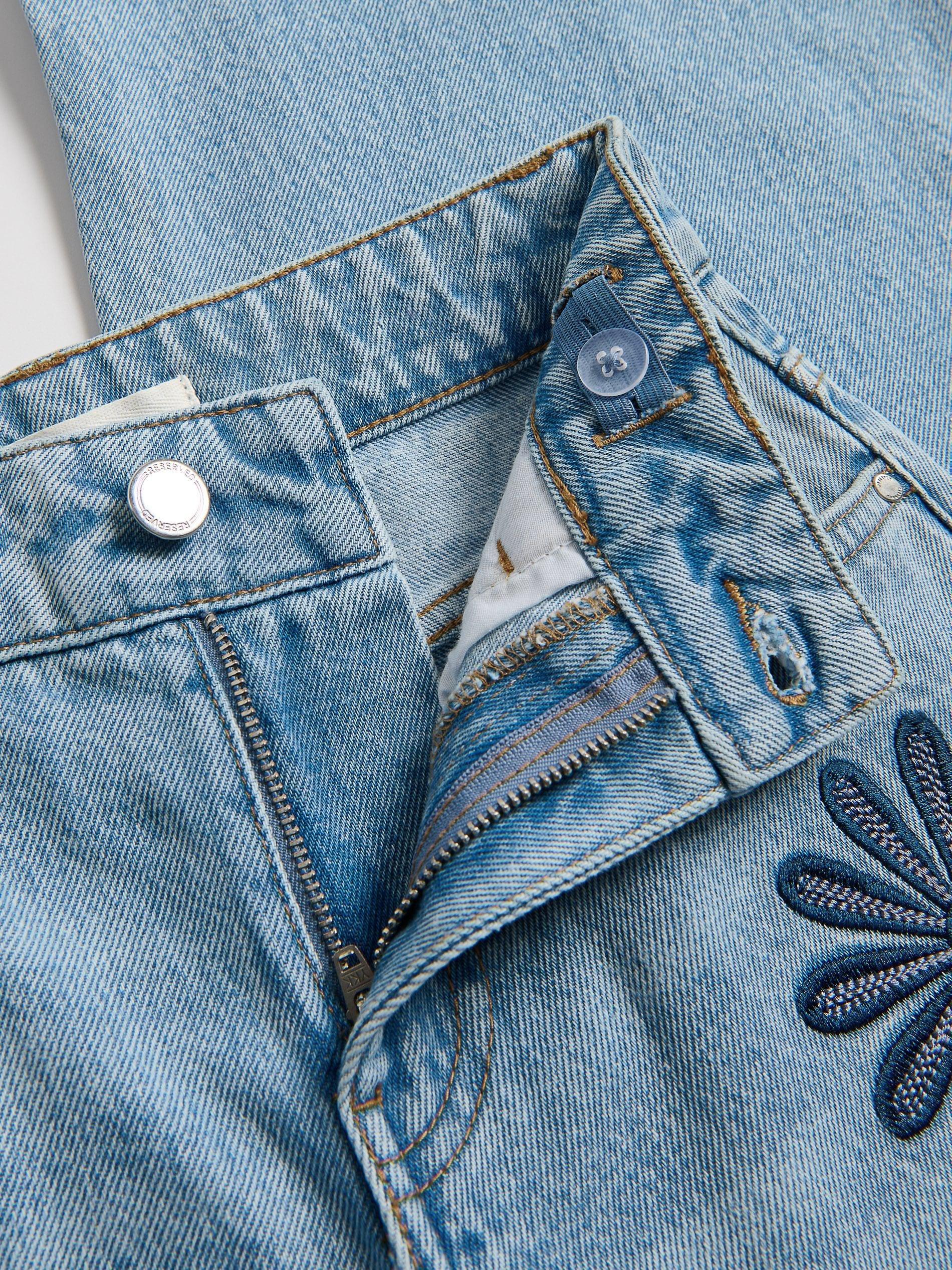 Blue Wide Leg Jeans With Embroidery Detailing, Blue, medium