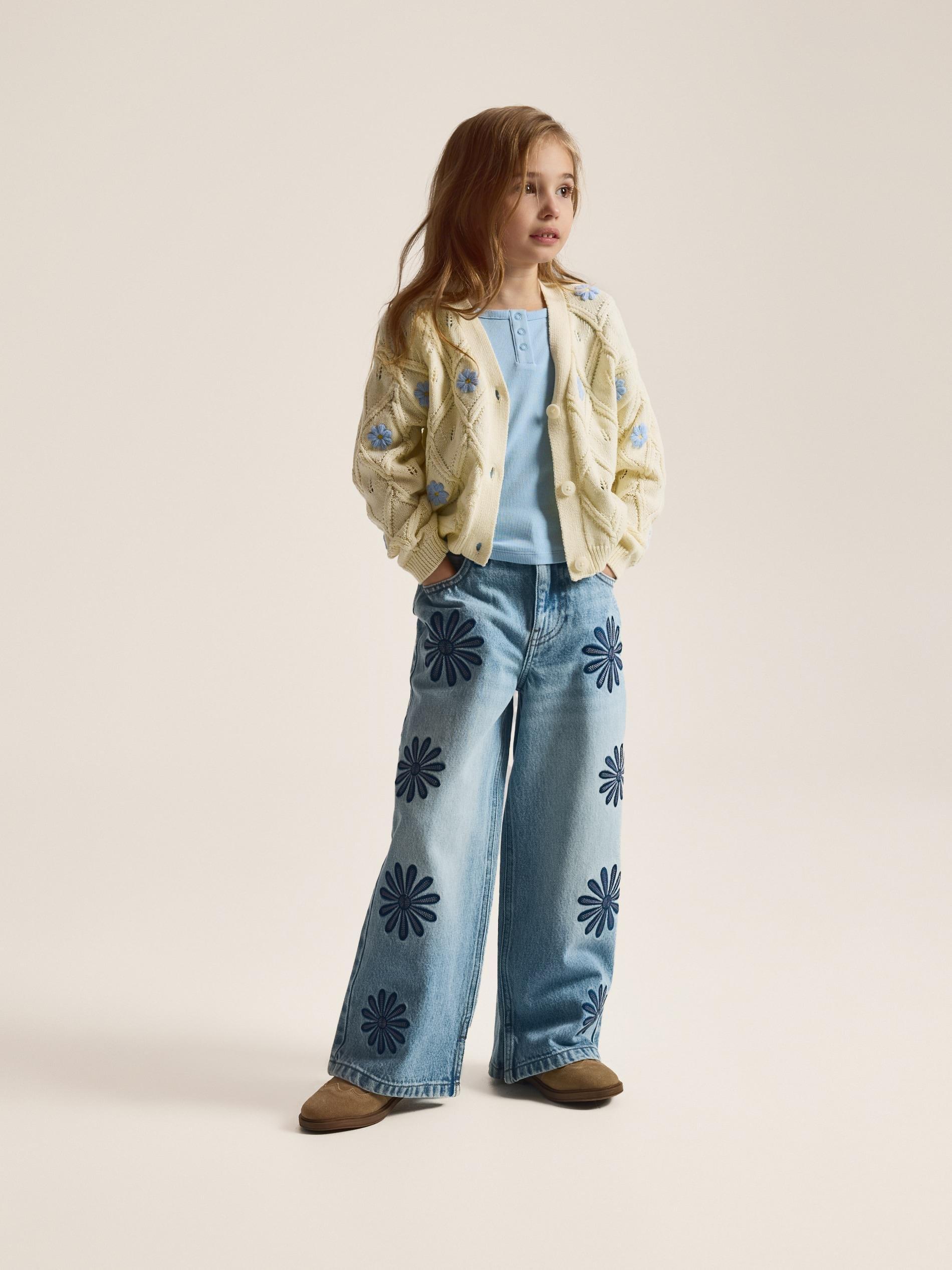 Blue Wide Leg Jeans With Embroidery Detailing, Blue, large image number 3