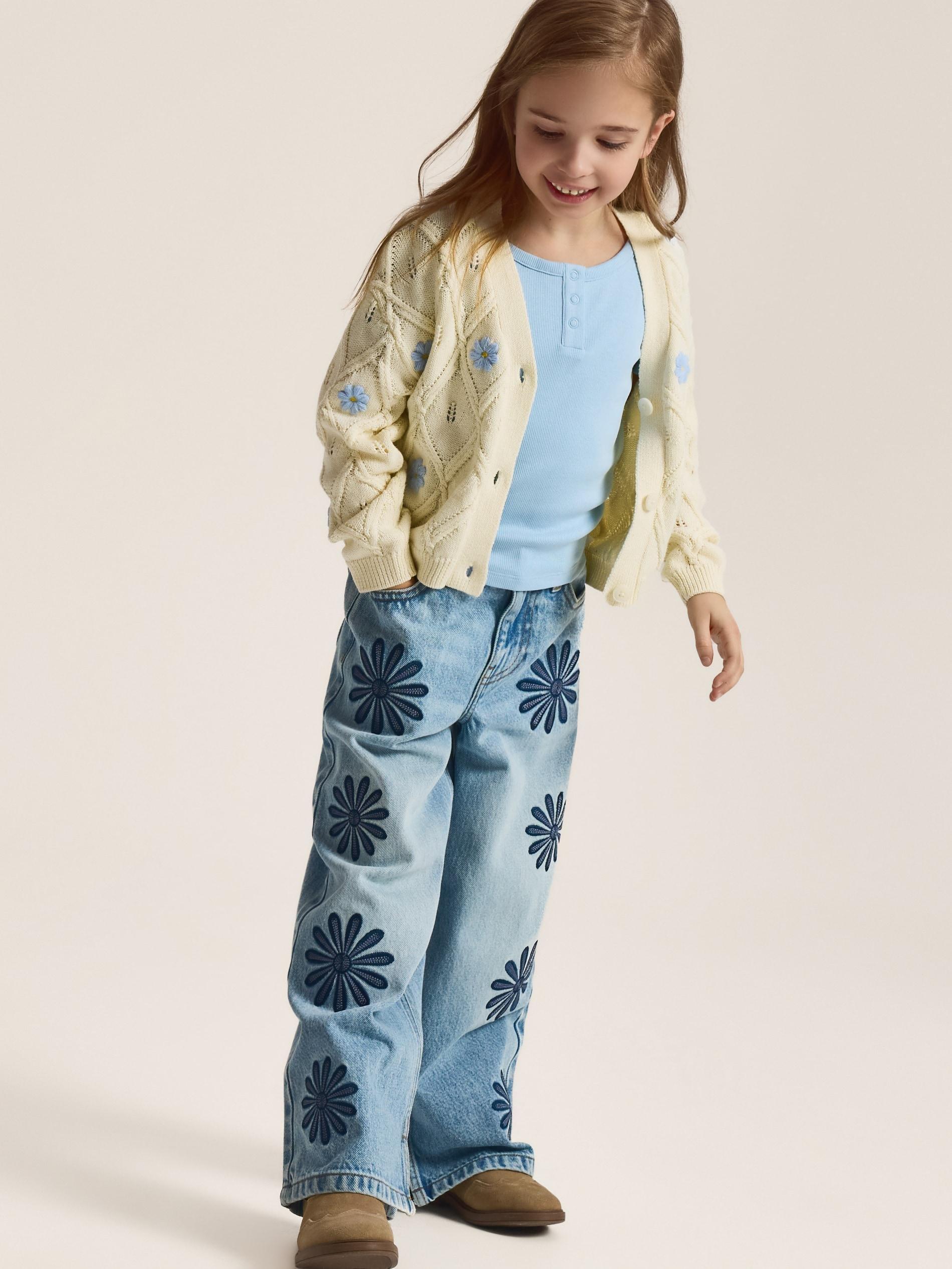 Blue Wide Leg Jeans With Embroidery Detailing, Blue, large image number 4